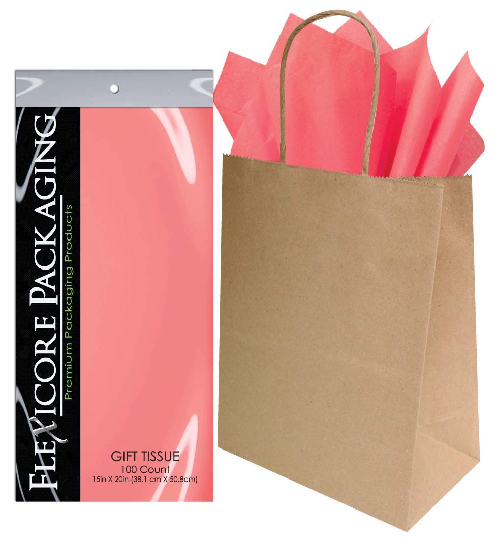 Eco-Friendly Brown Kraft Paper Gift Bags & Coral Pink Tissue Wrap - 8