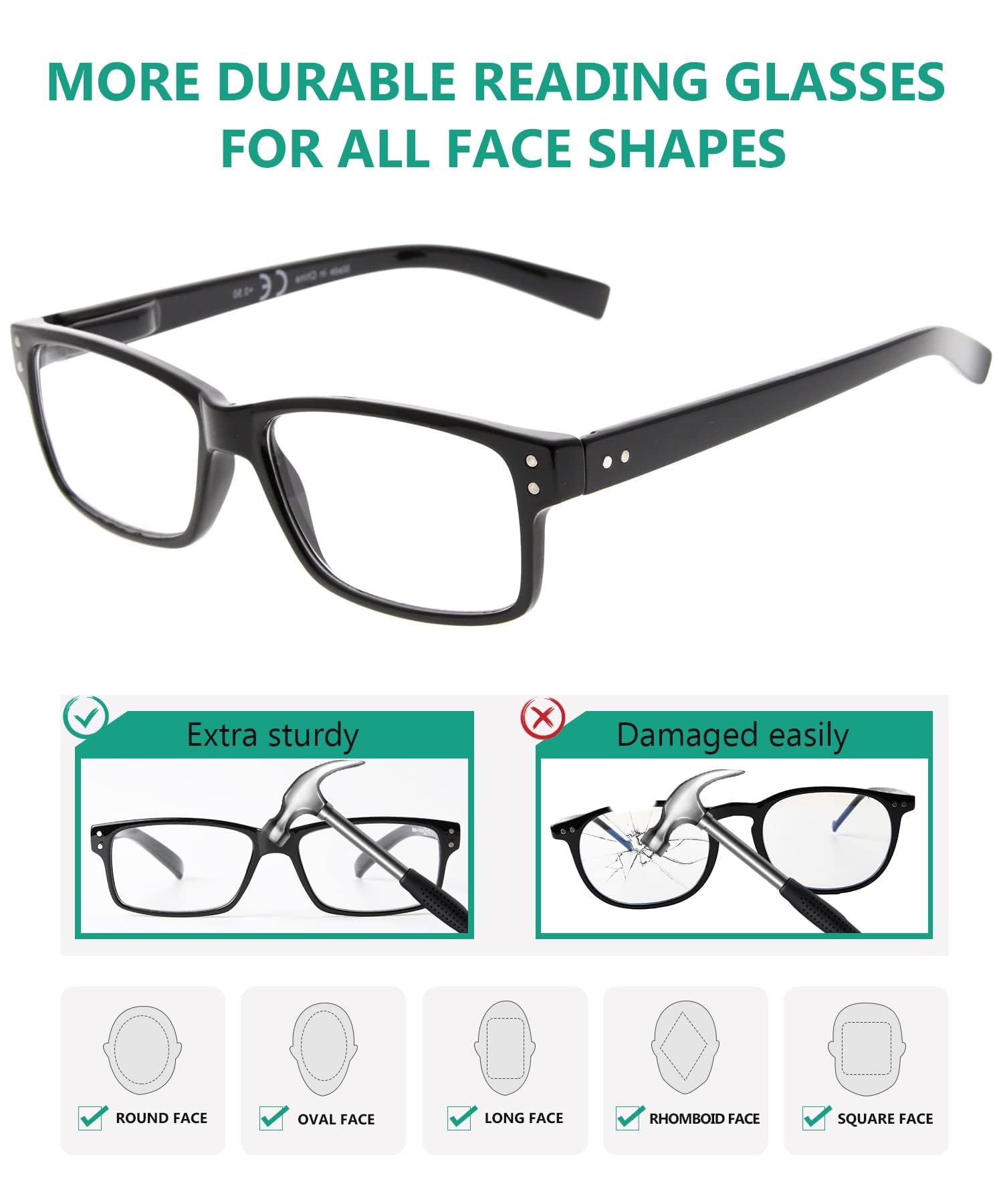 Eyekepper 5 Pack Reading Glasses for Men & Women - Spring Hinged Cheater Glasses with Case - Lightweight Readers + Sunglasses for Reading, Driving & Outdoor Activities