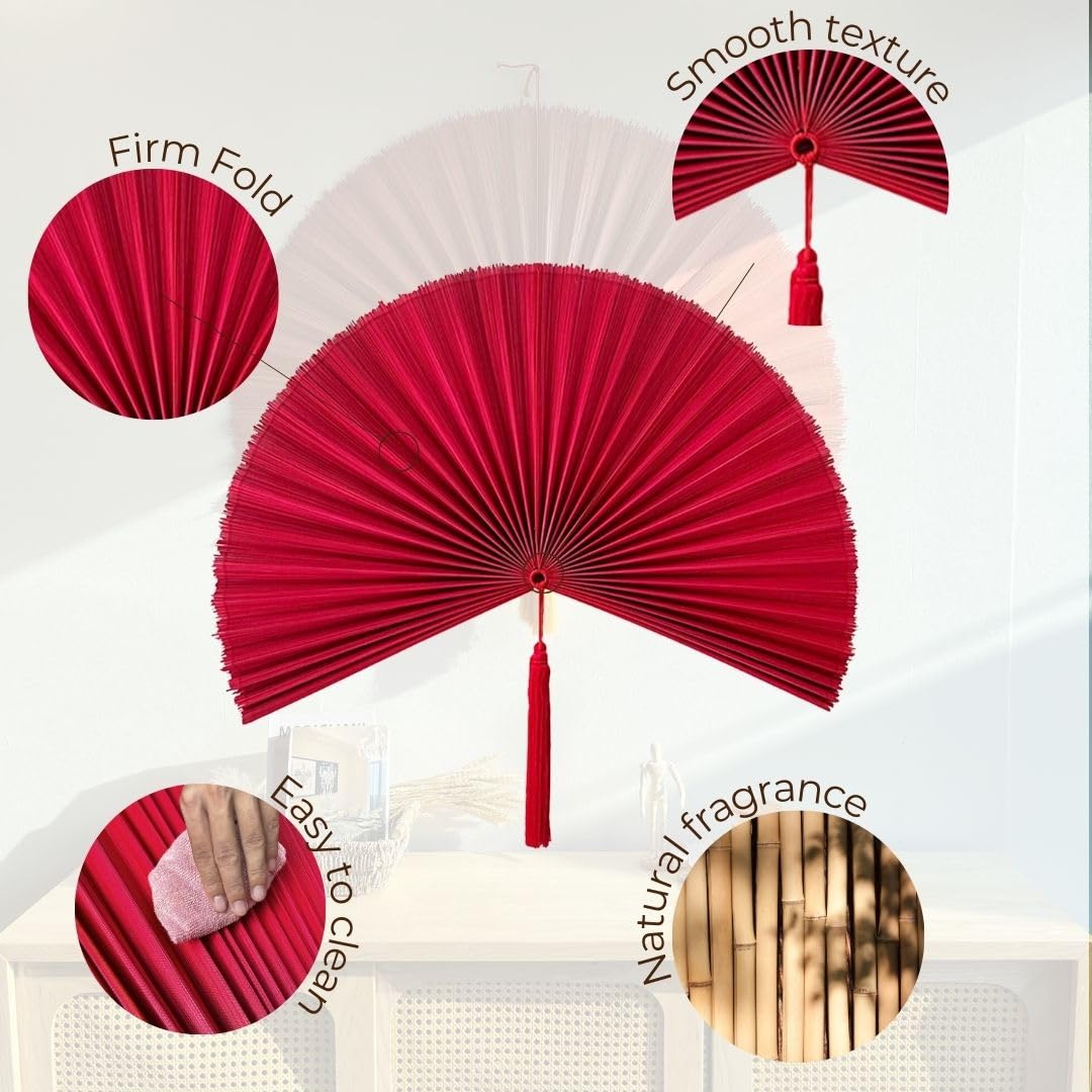 Large Folding Bamboo Wall Fan Decor - 47in Handmade Boho Fan Wall Art, Over Bed Headboard Decor for Bedroom, Living Room, and Patio - Red (M)
