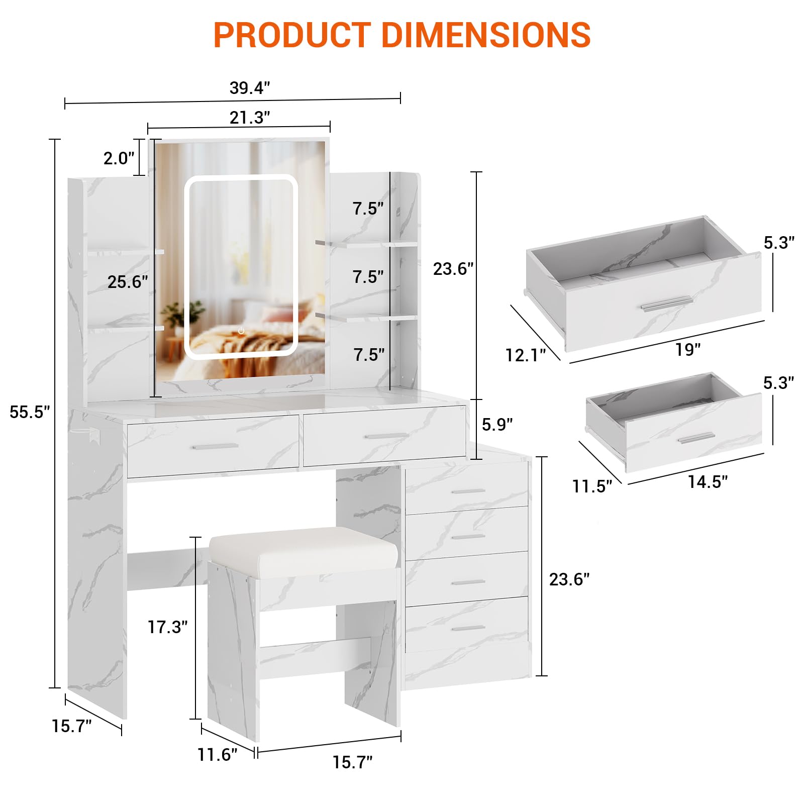 Vanity Desk with Mirror and LED Lights - Makeup Vanity Set with USB Charging Station, 6 Storage Drawers & Shelves, Includes Stool - Perfect for Bedroom, Dressing Room & Beauty Salon Makeup Application