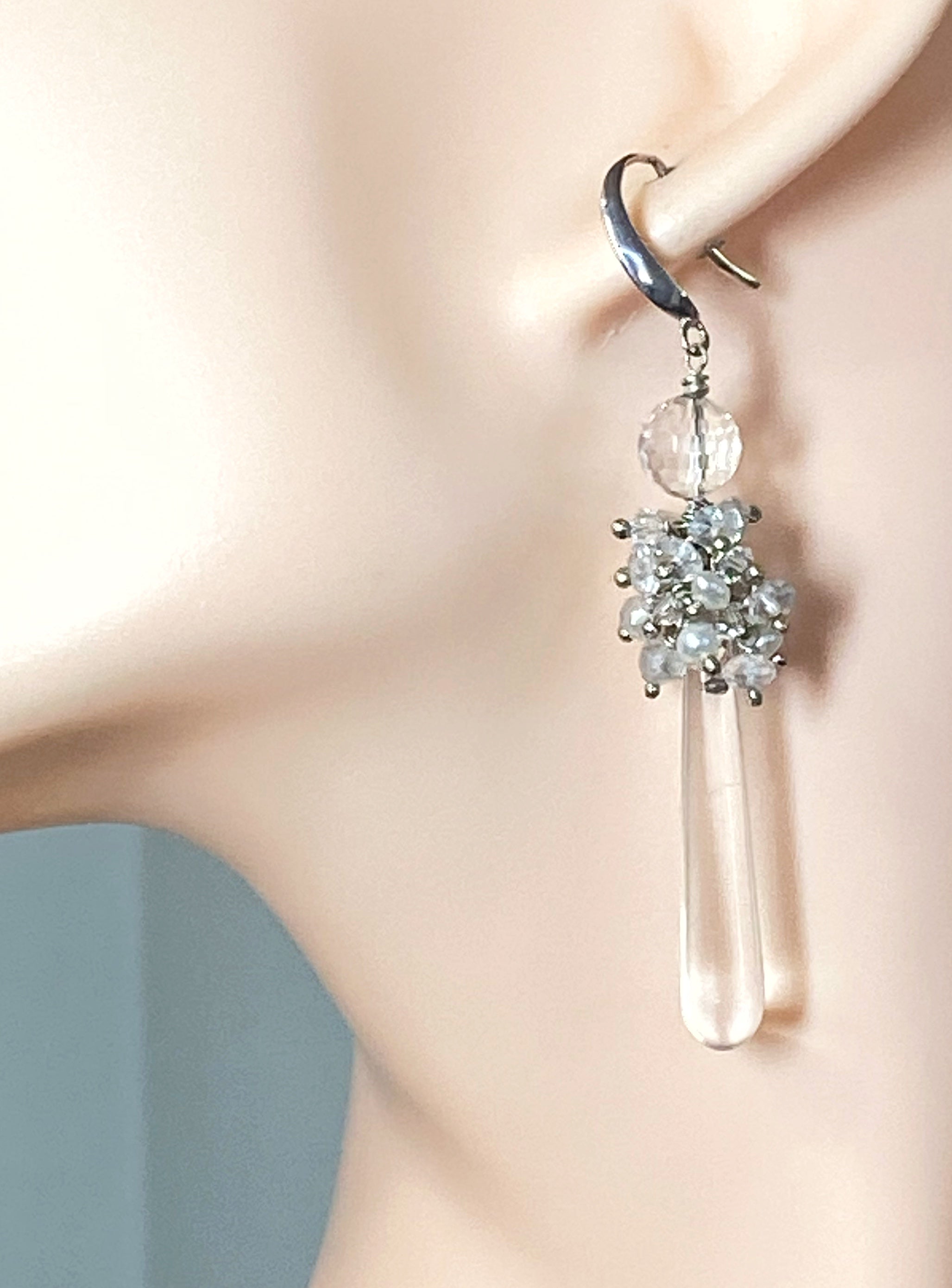 Elegant Pearl Cluster Long Crystal Quartz Drop Wedding Earrings for Brides – Perfect for Bridal Jewelry, Formal Events & Special Occasions