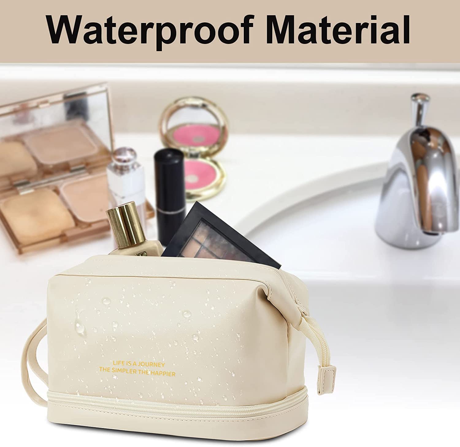 Whixant Large Waterproof PU Leather Makeup Bag - Double Layer Travel Cosmetic Organizer with Zipper for Women & Girls (Multicolor) | Perfect for Travel, Gym, Daily Use & Makeup Storage