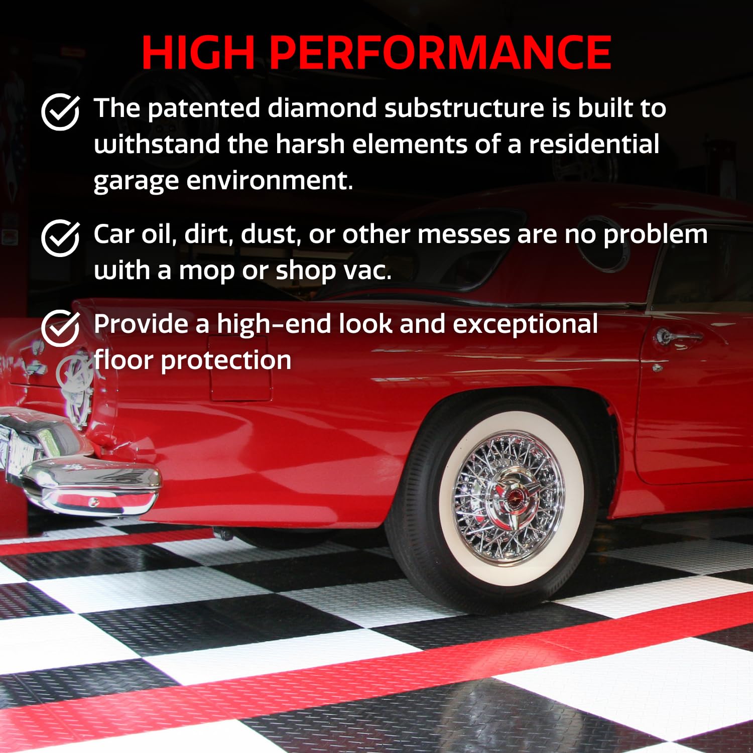 RaceDeck Diamond Plate Modular Garage Floor Tiles - 24 Pack, Durable Interlocking Flooring System in Red - Perfect for Home Garages, Workshops, and Auto Showrooms