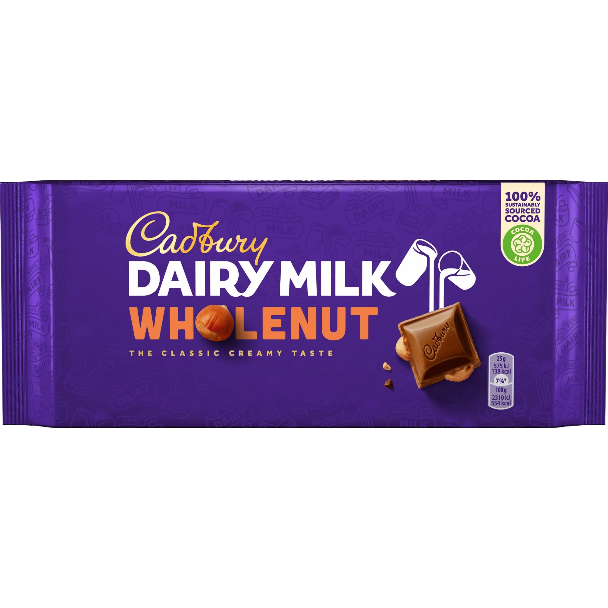 Cadbury Whole Nut Dairy Milk Chocolate Bars - Creamy Milk Chocolate with Crunchy Hazelnut Chunks - 14 Pack (180g Each) - Perfect for Gifts, Snacking & Baking