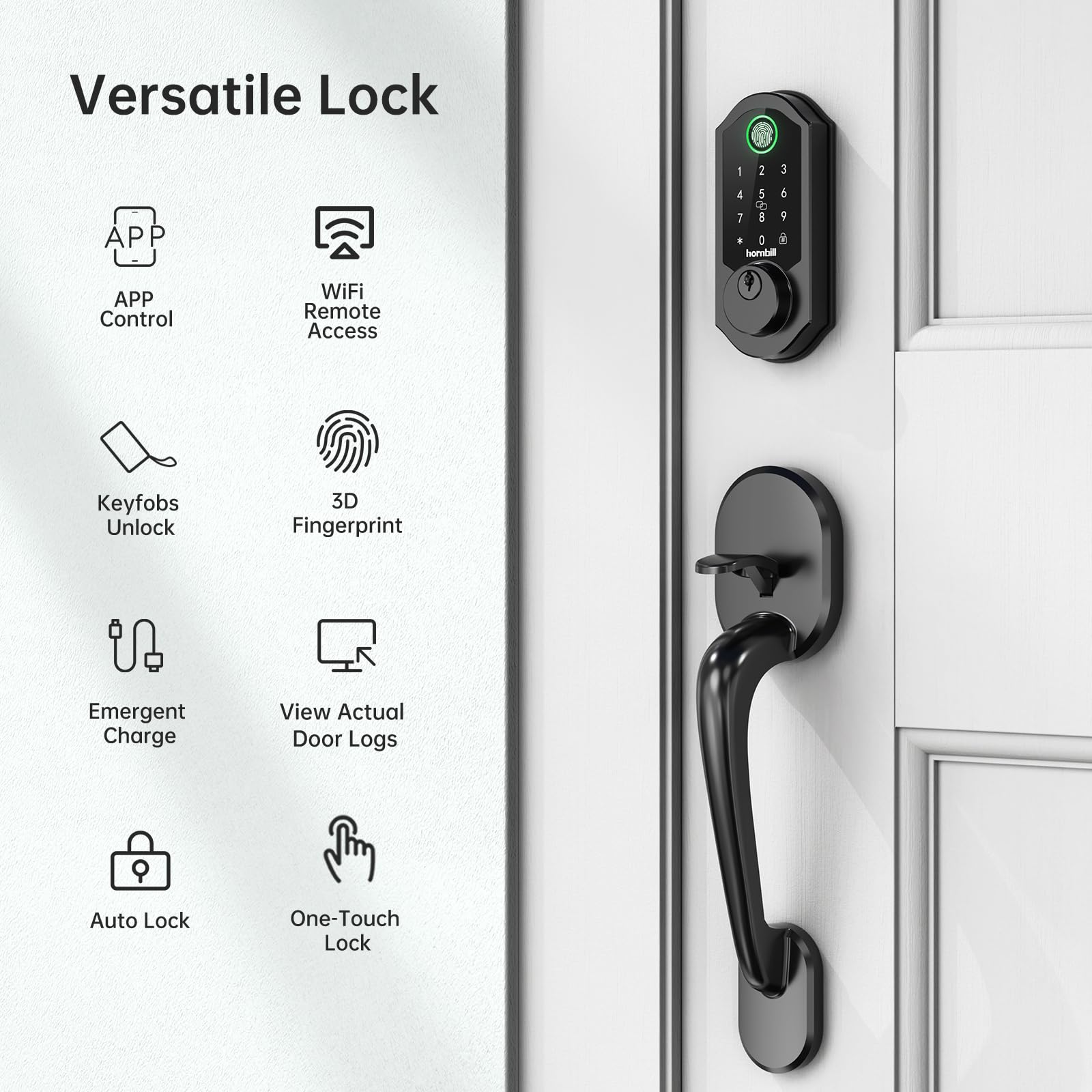 Hornbill Smart Lock WiFi Deadbolt - Keyless Entry Front Door Lock with Fingerprint, Bluetooth & Alexa Compatibility | Remote Control via App, Auto Lock, Keyfob | Matte Black | Perfect for Home Security & Smart Home Automation
