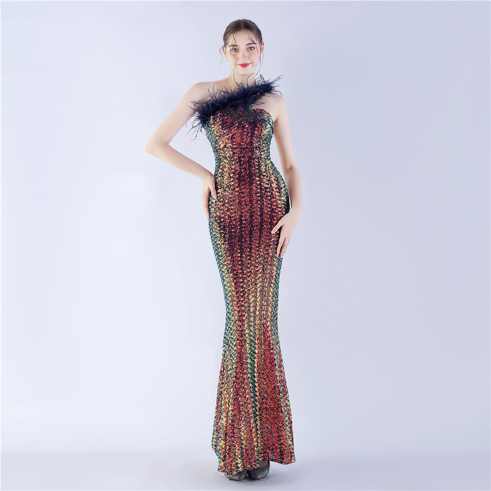 Luxury Ostrich Feather Beaded Evening Gown - High-Density Crystal Embroidery Single Shoulder Cocktail Dress for Prom, Gala & Special Occasions