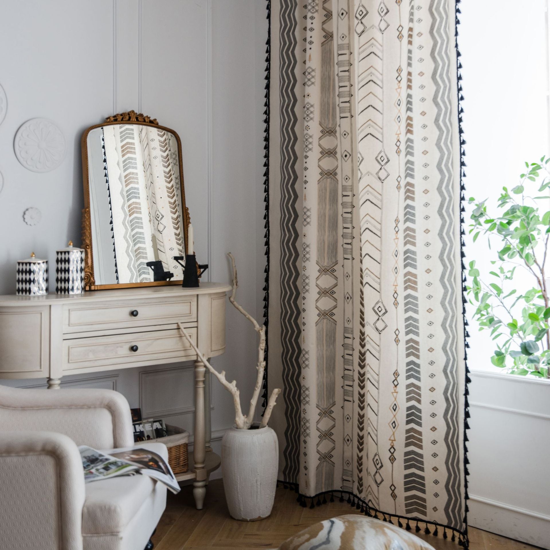 Boho Geometric Light Filtering Custom Curtains in Ivory - Handmade Window Drapes for Living Room, Bedroom & Nursery - Soft Sheer Fabric with Unique Bohemian Design