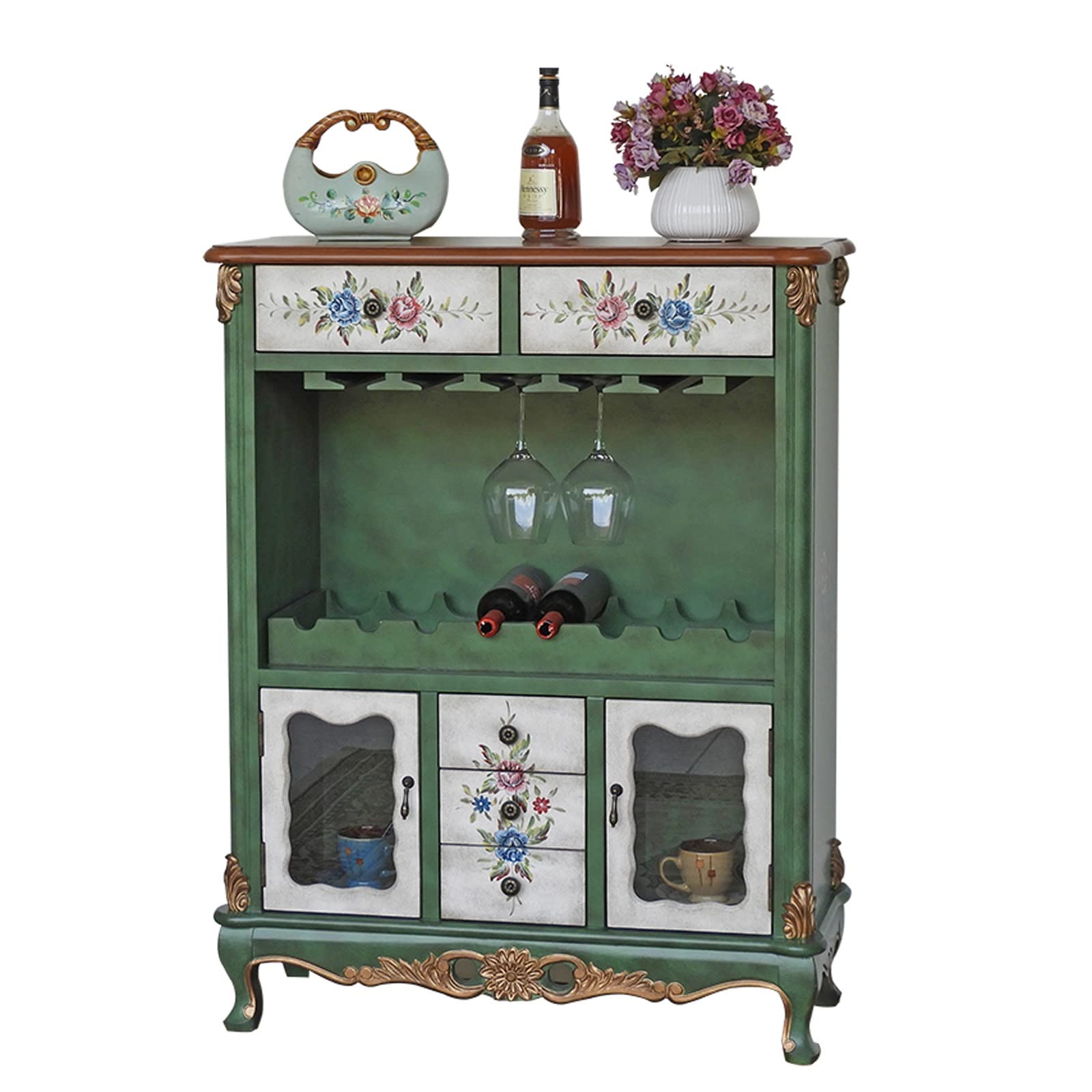 YUXI8541NO Country Style Wooden Wine Cabinet with Hanging Cup Slot & Drawers - Rustic Home Bar Cabinet for Kitchen, Dining Room or Living Room Wine Storage