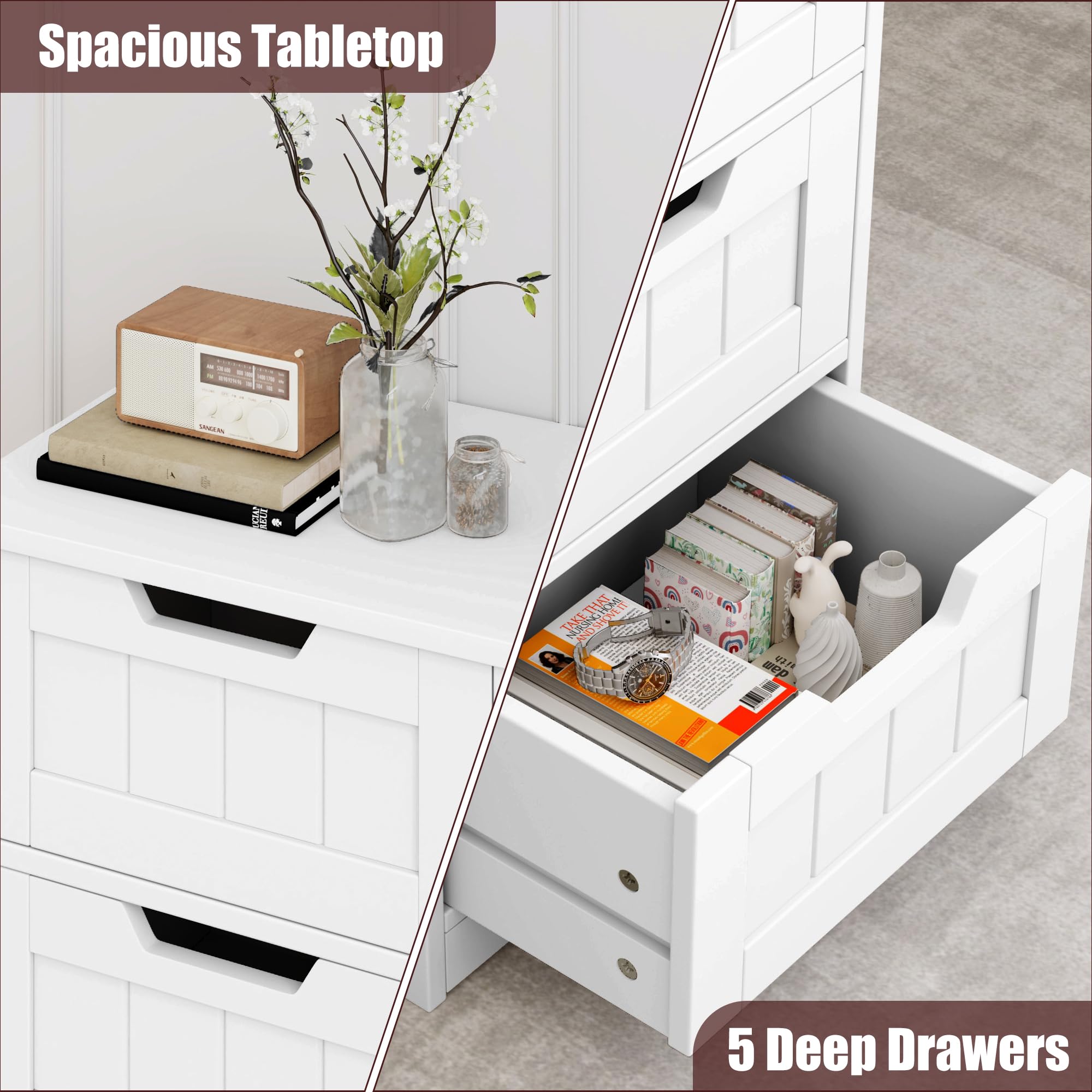 FOTOSOK 5-Drawer Bathroom Storage Cabinet - White Wooden Floor Cabinet with Cut-Out Handles, 11.8”x15.7”x32.5” - Perfect for Bathroom, Hallway & Living Room Organization