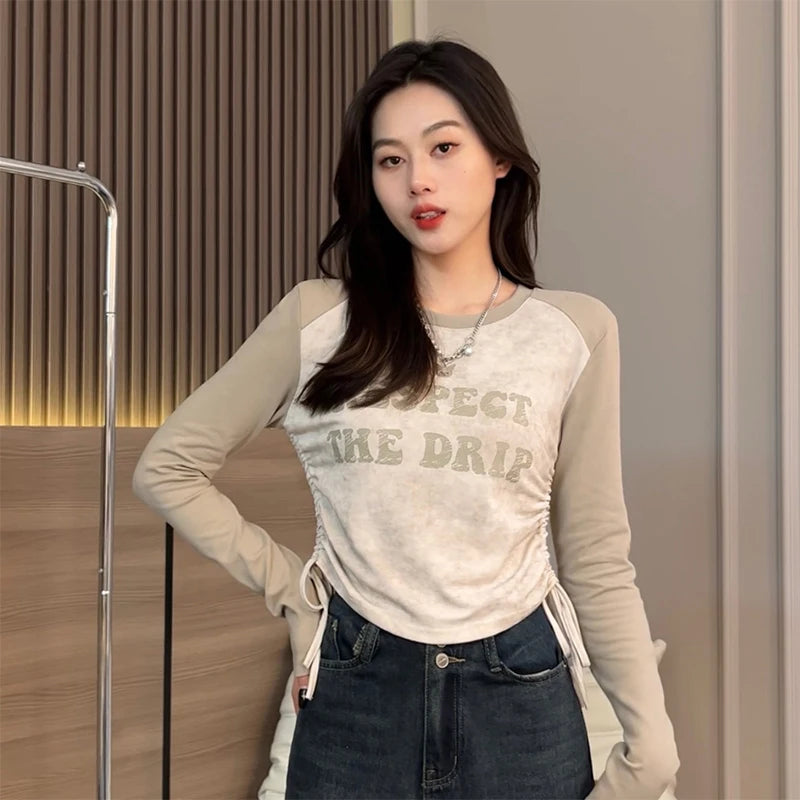 Sexy Slim Fit Women's T-Shirts - American Style Letter Print Drawstring Casual Blouse for Women | Fashion O-Neck Top for Daily Wear, Parties & Outings