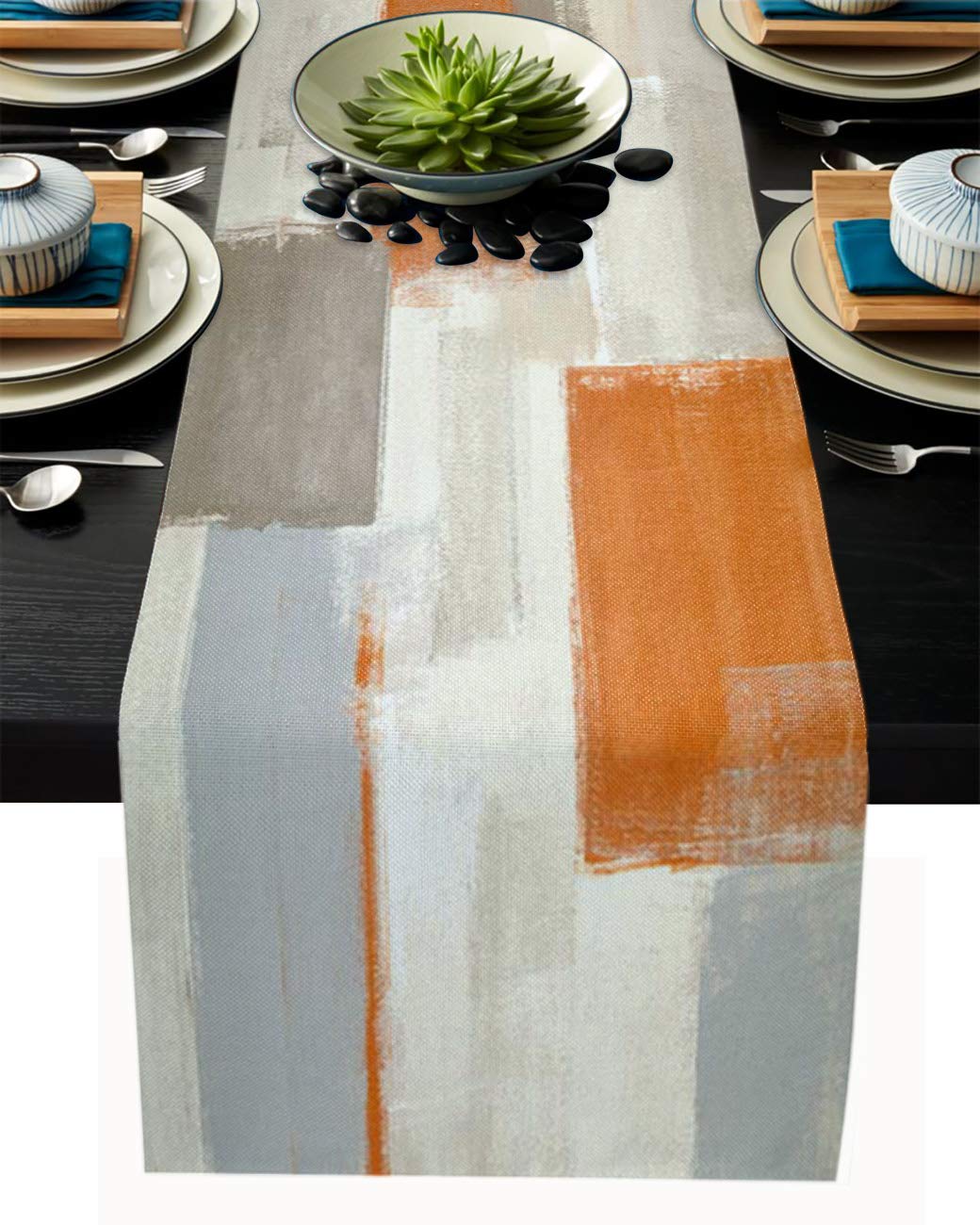 70 Inch Orange Abstract Art Table Runner - Brown & Gray Farmhouse Style Dining & Coffee Table Decor for Living Room, Bedroom, Dresser | Perfect for Holiday Dinners, Wedding Decor & Rustic Home Styling (13x70 inches)