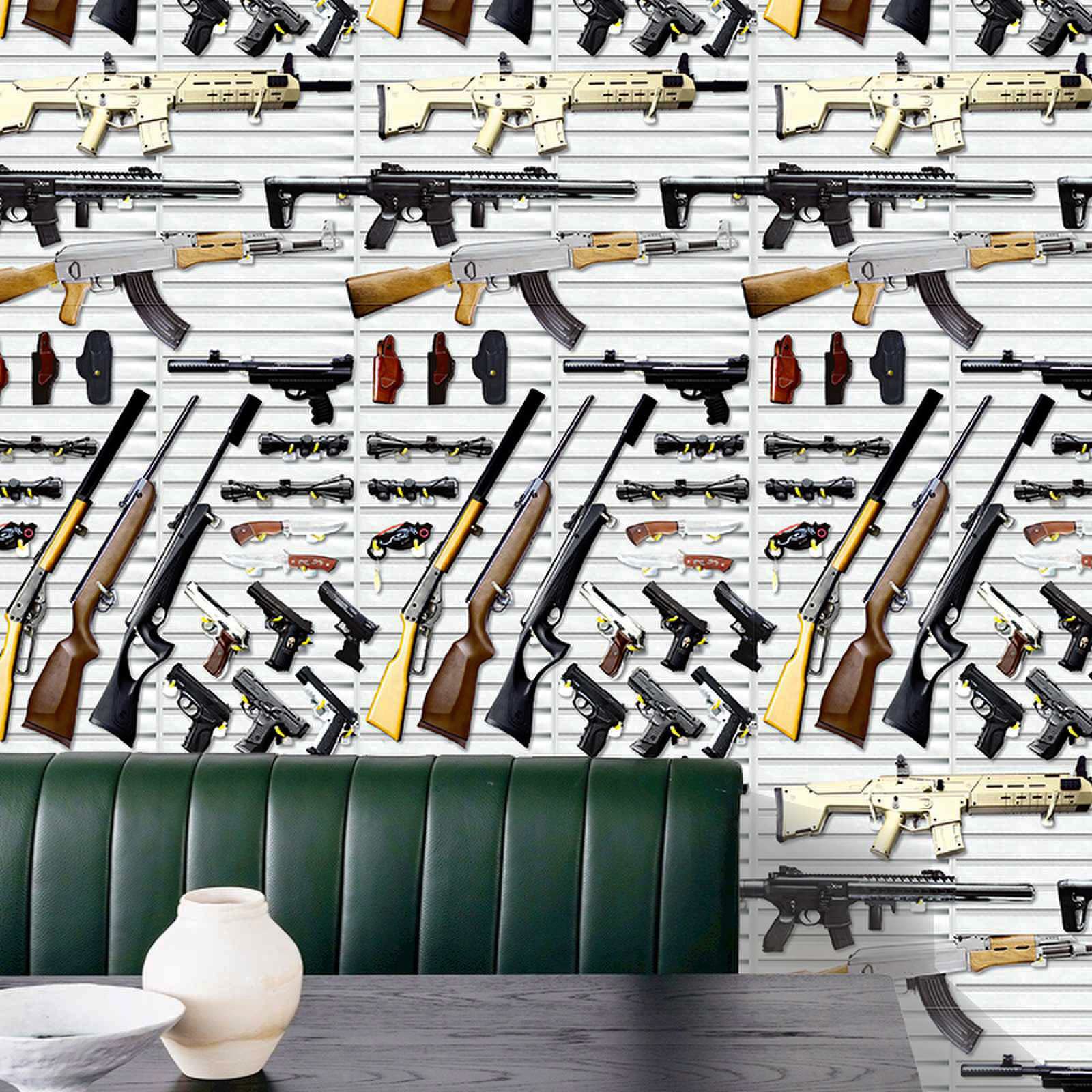 MyFun 11 Yards Faux Guns Wallpaper - Self Adhesive Military Peel and Stick Wall Decal - 32.8 Ft X 17.9 Inch - Perfect for Room, Gym, Man Cave, and Shooting Range Backdrop - Easy to Install and Remove