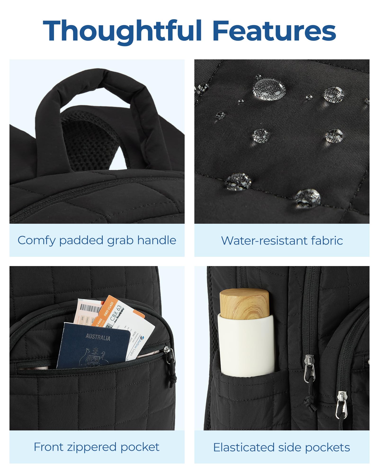 BAGSMART Quilted Water-Resistant Laptop Backpack for Women - Stylish College & Travel Daypack Fits 15.6 Inch Notebook - Perfect for School, Work & Commuting - Black