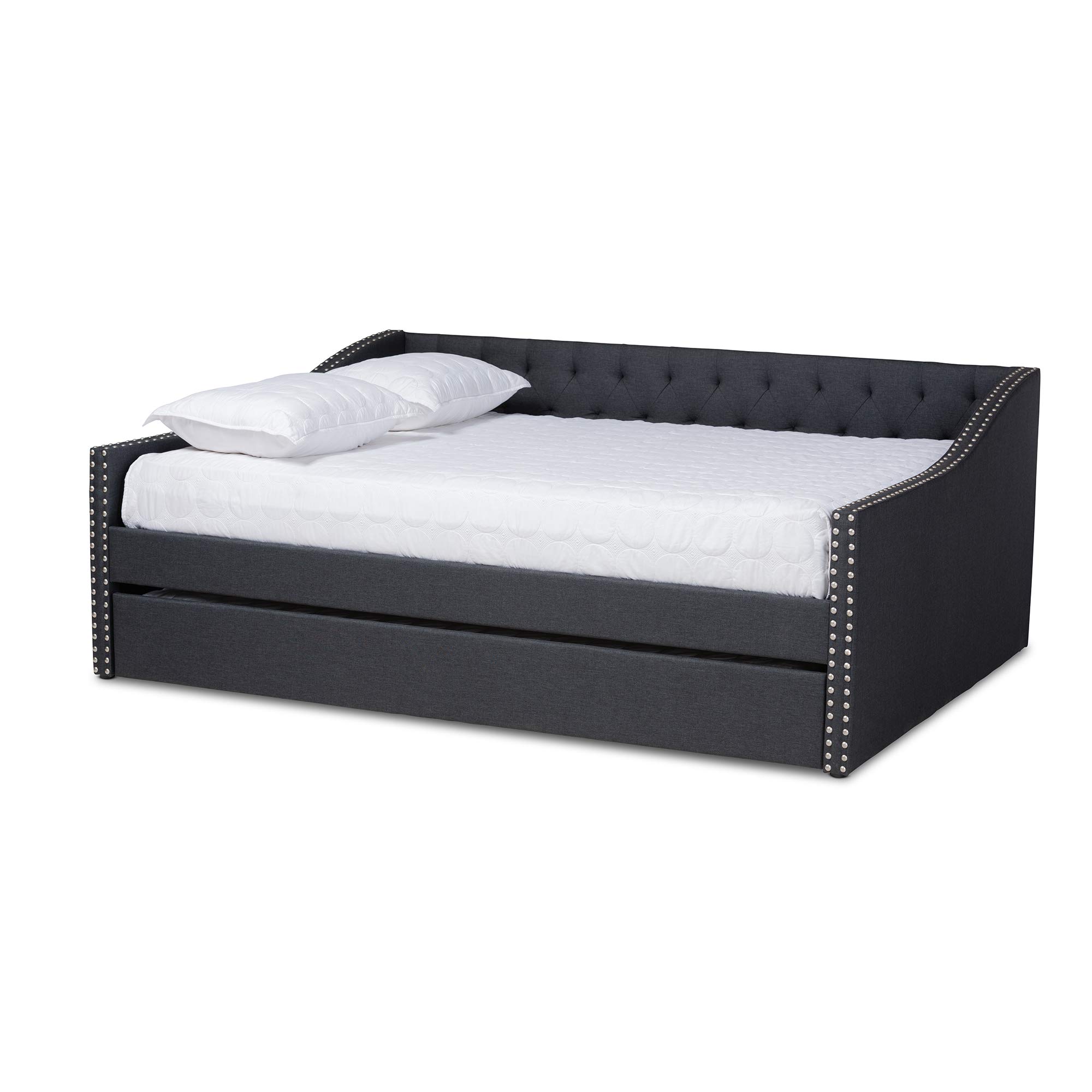 Baxton Studio Modern Queen Daybed with Trundle - Dark Grey Upholstered Sleeper Sofa for Guest Room, Living Room & Small Spaces