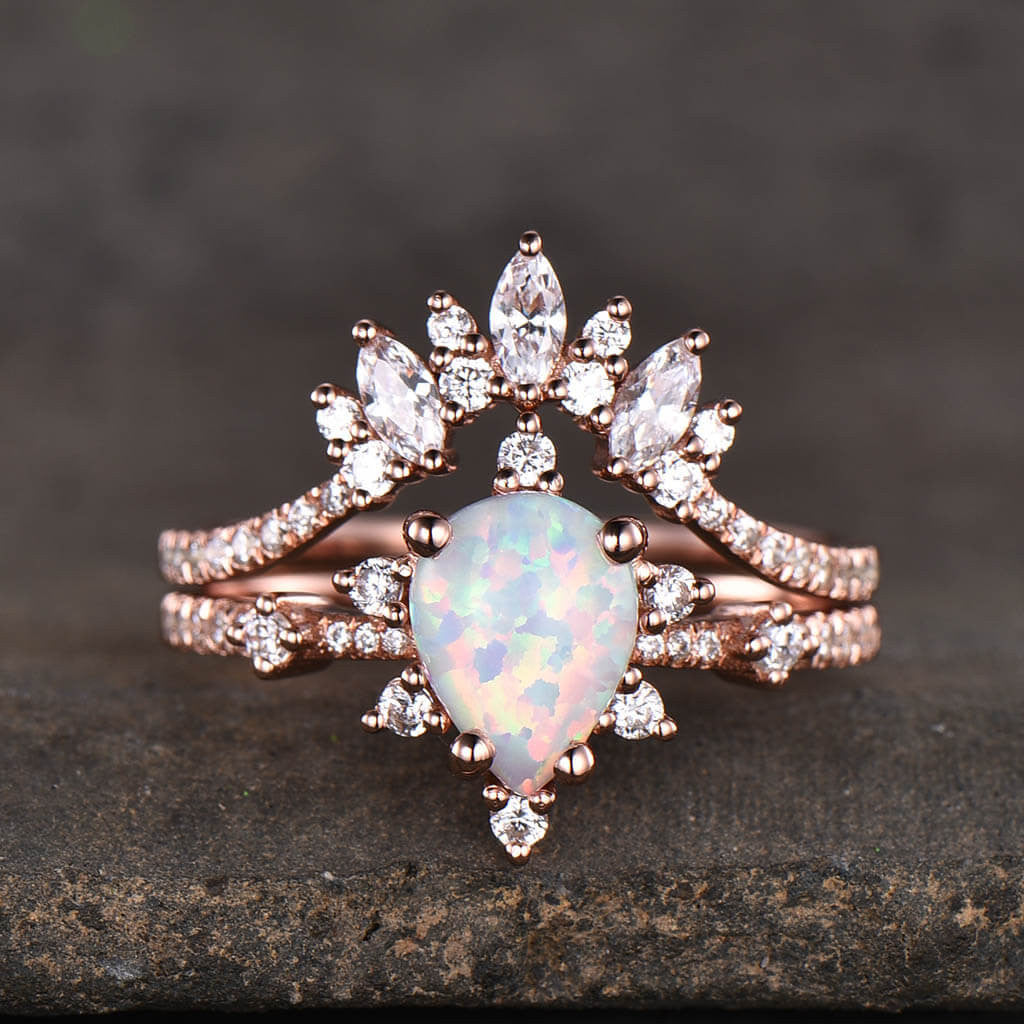 14K/18K Gold Pear Shaped Lab-Created White Opal & Diamond Art Deco Engagement Ring Set - Perfect for Vintage-Inspired Weddings, Proposals & Anniversary Gifts
