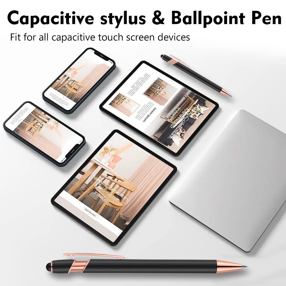 12-Pack 2-in-1 Stylus Ballpoint Pens with 1.0mm Black Ink - Rose Gold & Green Metal Touch Screen Pens with 12 Refills - Perfect for iPad, Tablet, Smartphone Note-Taking & Digital Art