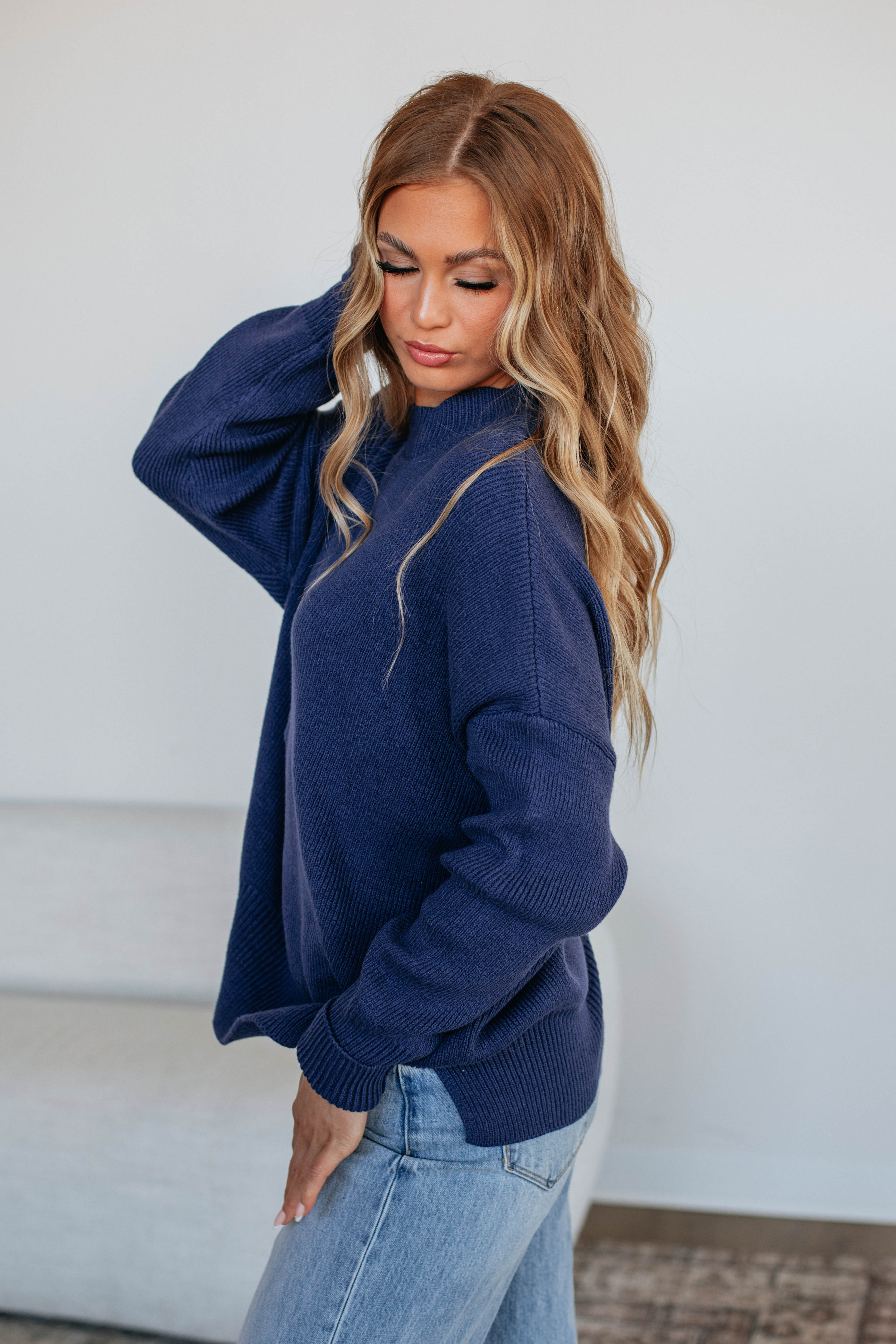 Women's Chelsea Mock Neck Sweater - Soft Navy Pullover for Fall & Winter | Casual Wear, Office Outfit, Layering Essential