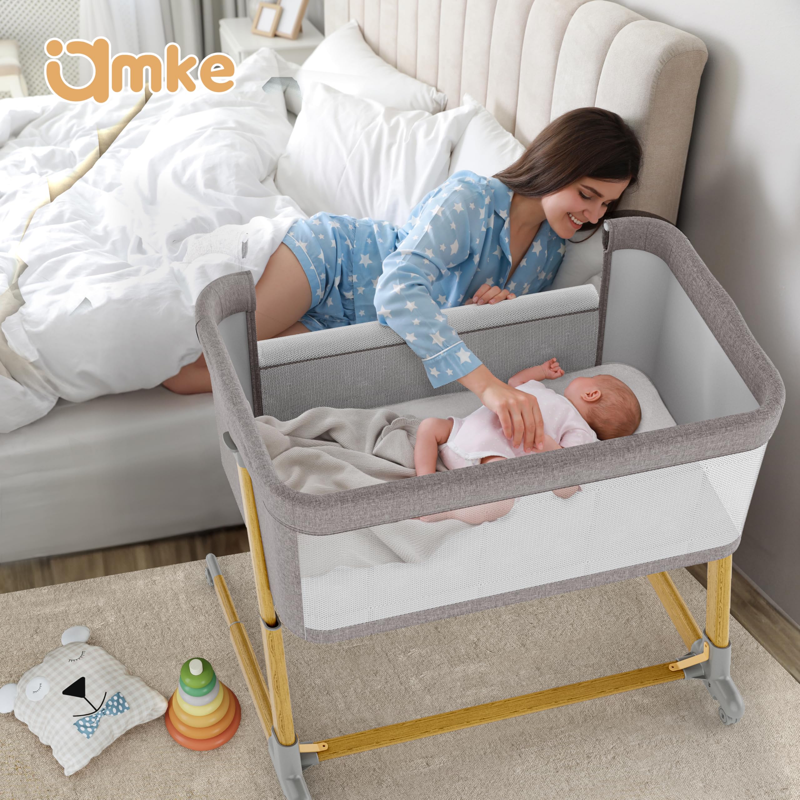AMKE Baby Bassinets - Breathable Mesh Bedside Sleeper for Newborns & Infants | Portable, Adjustable Crib for Safe Co-Sleeping | Nursery & Bedroom Essential (Wood Grain Gray) | Perfect for Nighttime Feeding & Soothing Baby