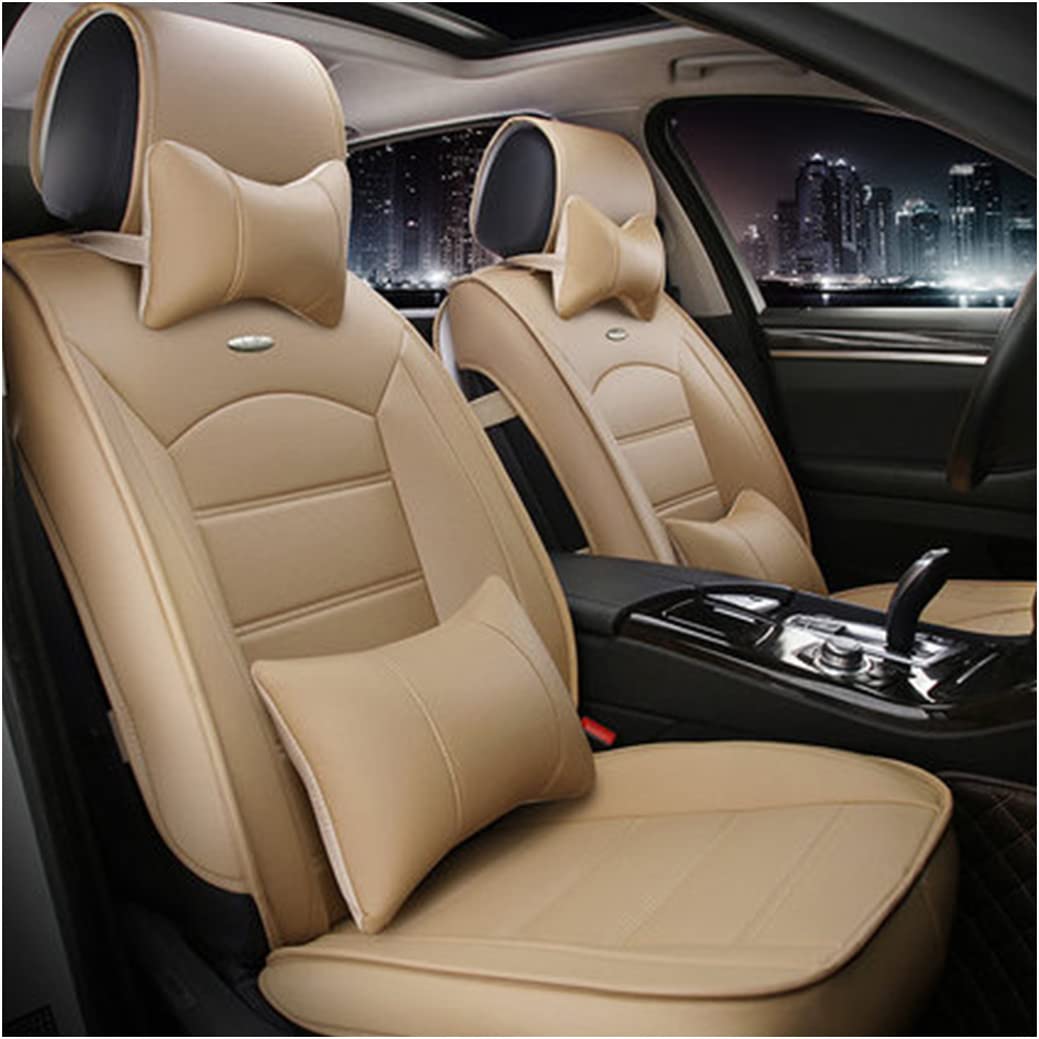 Premium Universal Leather Car Seat Covers - Airbag Compatible, Waterproof & Durable for Front & Rear Seats (5-Piece Set, Beige) | Includes Pillow | Perfect for SUVs, Sedans & Trucks | Enhances Comfort & Protects Seats