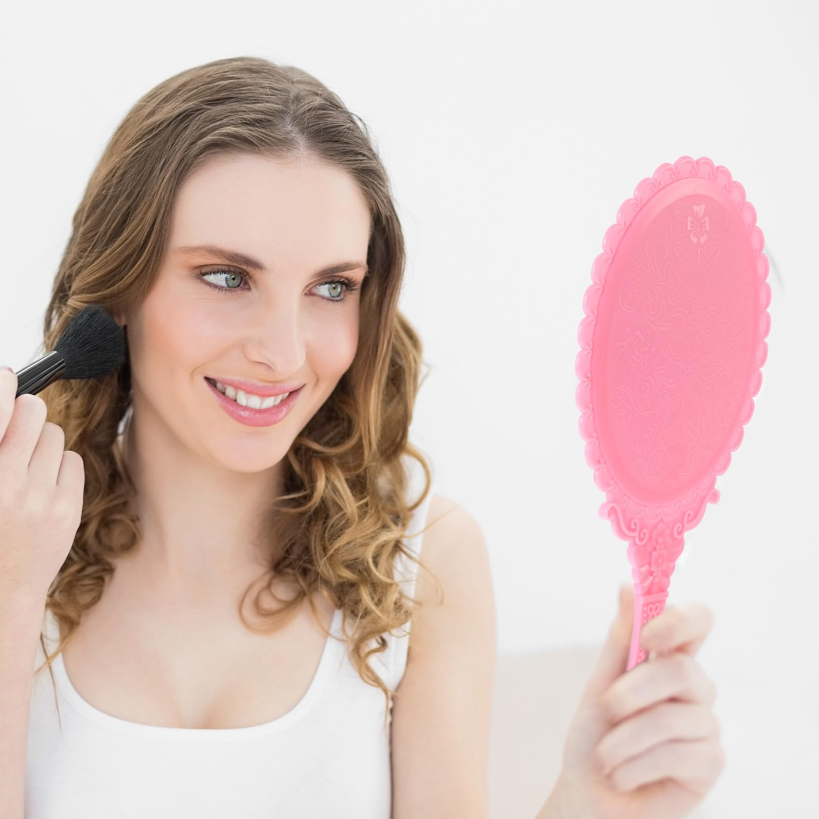Pink Hand Mirror for Women & Girls - Compact Travel Mirror with Handle, Lightweight Oval Embossed Vanity Mirror | Perfect for Makeup, Purse, Travel & Home Decor