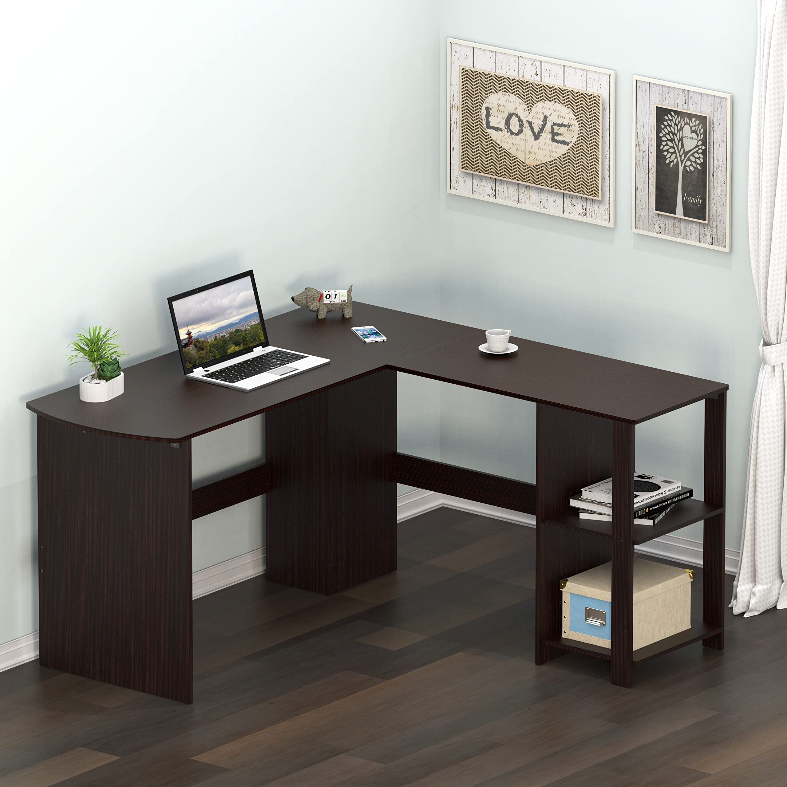 SHW L-Shaped Home Office Wood Corner Desk with Keyboard Tray, Espresso Finish - Perfect for Small Spaces, Gaming & Workstation Setup