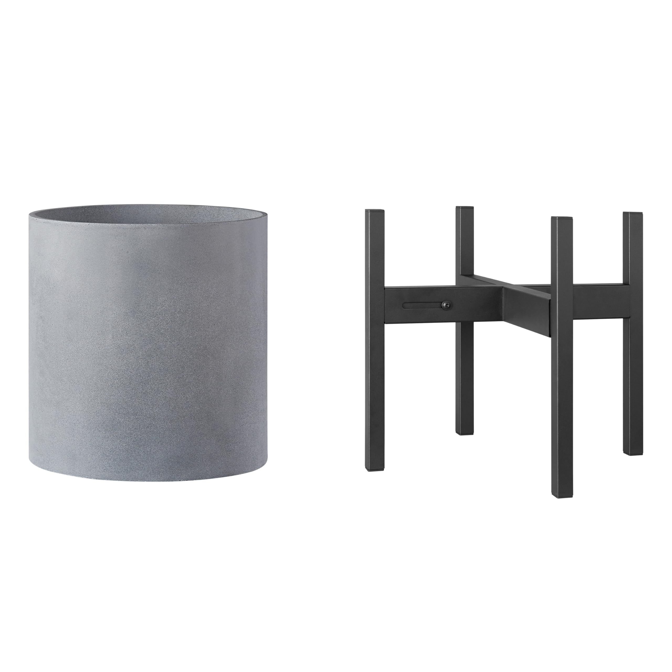 FaithLand 12 Inch Gray Ceramic Flower Pot with 12-16 Inch Adjustable Metal Plant Stand - Indoor Outdoor Home Garden Decor for Living Room, Patio, Balcony