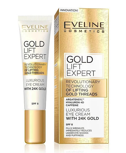 Eveline Cosmetics Gold Lift Expert Eye Cream with 24K Gold & SPF 8 | Anti-Aging Eye Treatment with Argatensyl & Hyaluron 4D | 15ml | Reduce Wrinkles & Dark Circles | Perfect for Day & Night Skincare Routine