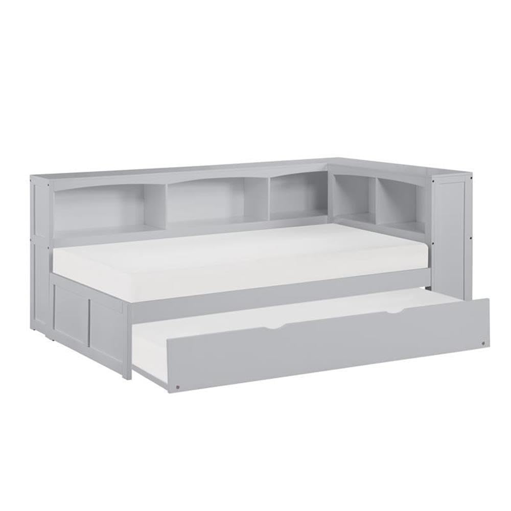 Lexicon Orion 5-Shelf Wooden Twin Bookcase Corner Bed with Trundle - Gray Space-Saving Kids Bedroom Furniture for Small Rooms & Dorm Organization