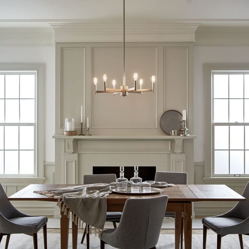 6-Light Modern Farmhouse Chandelier - Satin Nickel Finish - Rustic Dining Room Lighting for Kitchen Island, Bedroom or Entryway