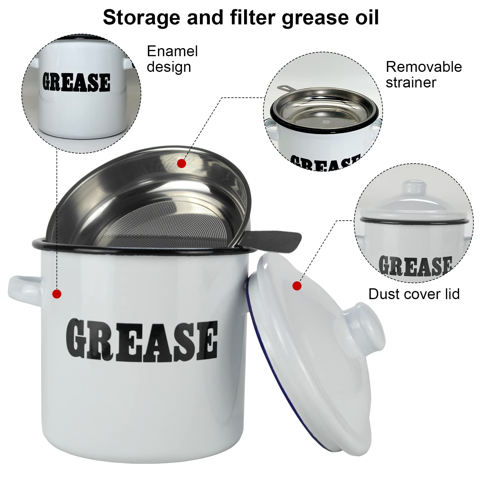1.5L White Enamel Bacon Grease Container with Strainer - Farmhouse Kitchen Oil Storage Jar - Perfect for Collecting & Storing Cooking Oil, Bacon Drippings - Ideal for Farmhouse Decor & Home Cooking