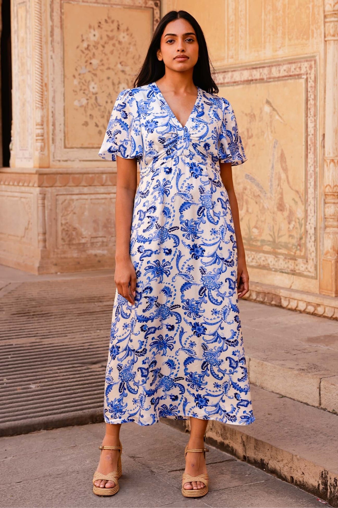 Anais Hammered Satin Dress - Floral Paisley Print in Cream & Blue | Elegant Evening Gown for Cocktail Parties, Weddings & Special Occasions