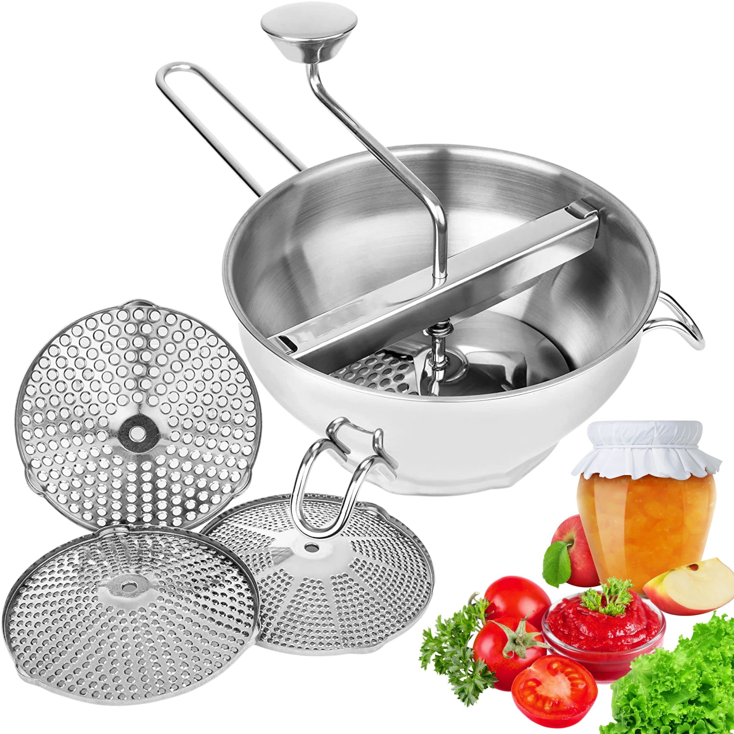 Premium Stainless Steel Food Mill with 3 Interchangeable Grinding Discs - Professional Kitchen Tool for Making Tomato Sauce, Mashed Potatoes, Purees, Baby Food & Canning - Dishwasher Safe - Perfect for Home Cooking, Restaurant Use & Food Preservation