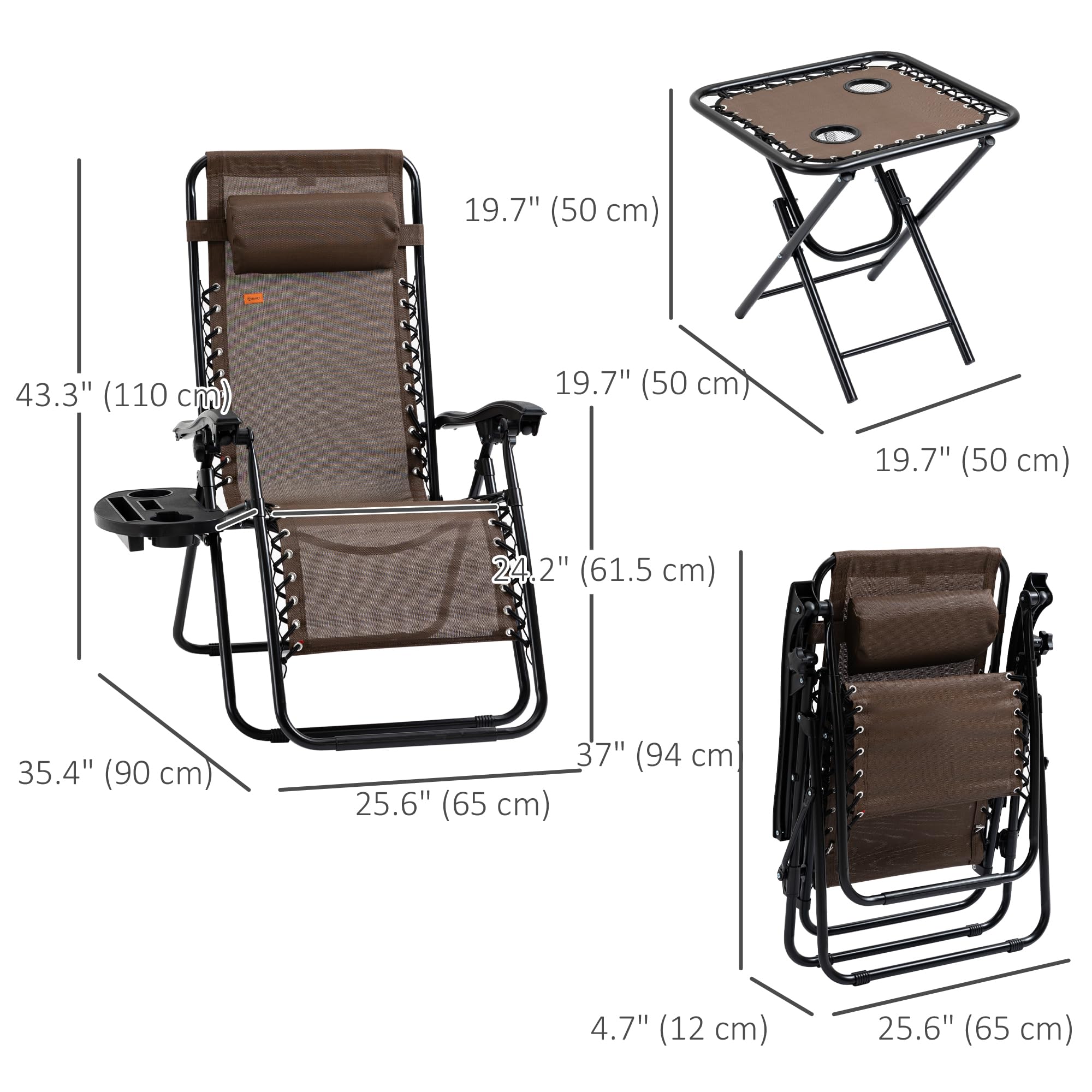 Outsunny Zero Gravity Reclining Chair Set with Side Table - Adjustable Folding Lounge Chair with Cup Holders & Pillows for Pool, Backyard, Beach, Patio - Perfect for Relaxing, Sunbathing & Outdoor Lounging