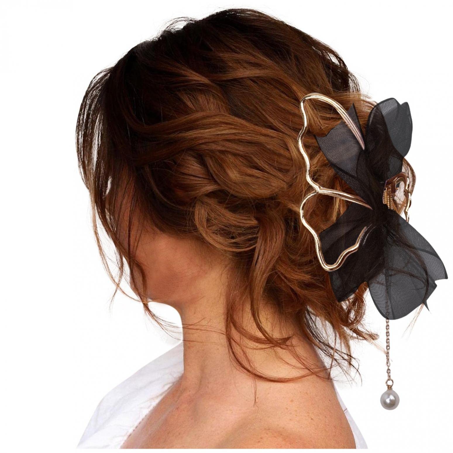 Elegant Butterfly Hair Clips for Women - Large Metal Claw Clips with Lace Pearl Tassel, Strong Hold Hair Accessories for Thick & Thin Hair - Perfect for Weddings, Parties & Daily Styling
