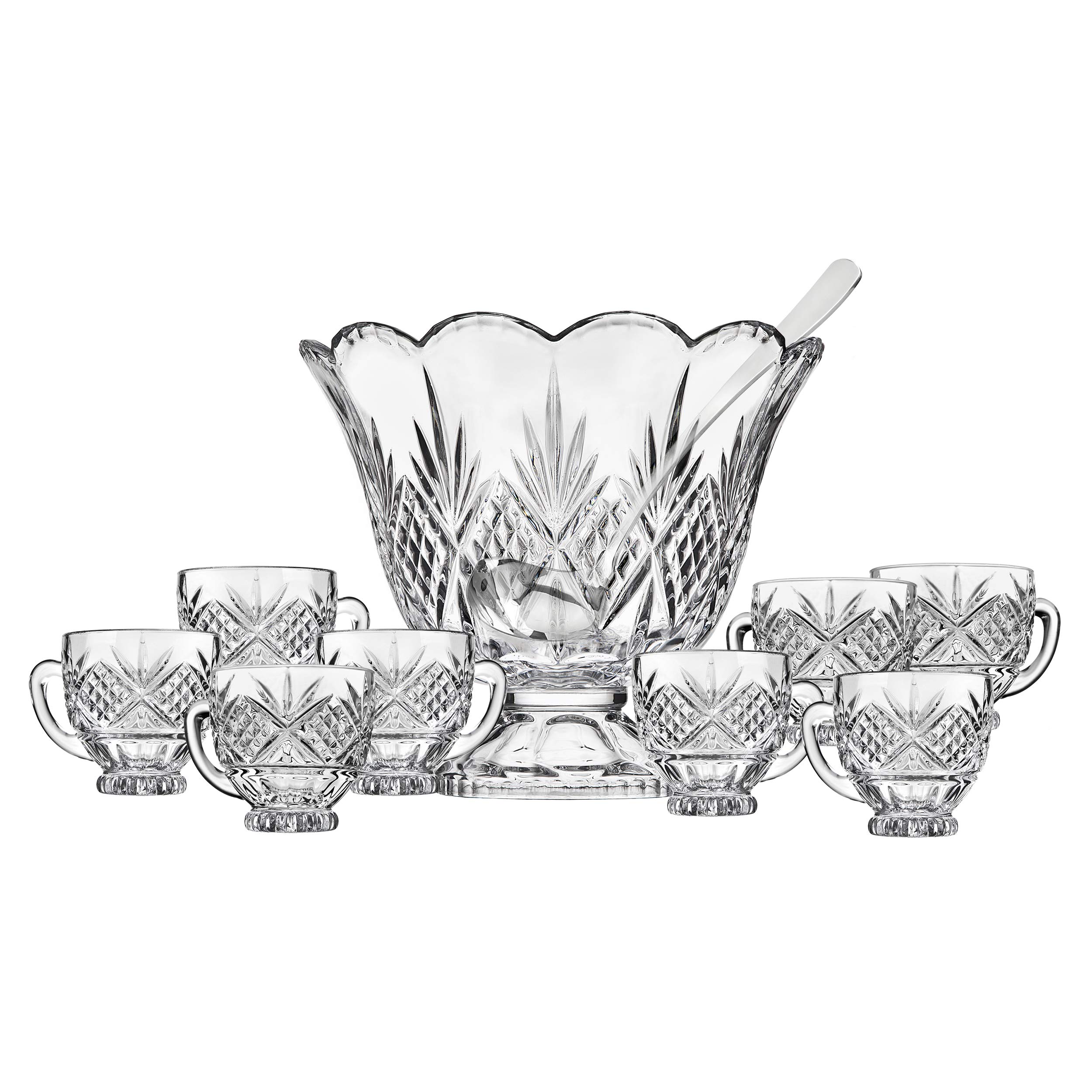 Godinger Dublin Crystal Punch Bowl Set with 8 Cups and Ladle - 10 Piece Elegant Glass Serving Set for Parties, Weddings & Holiday Entertaining
