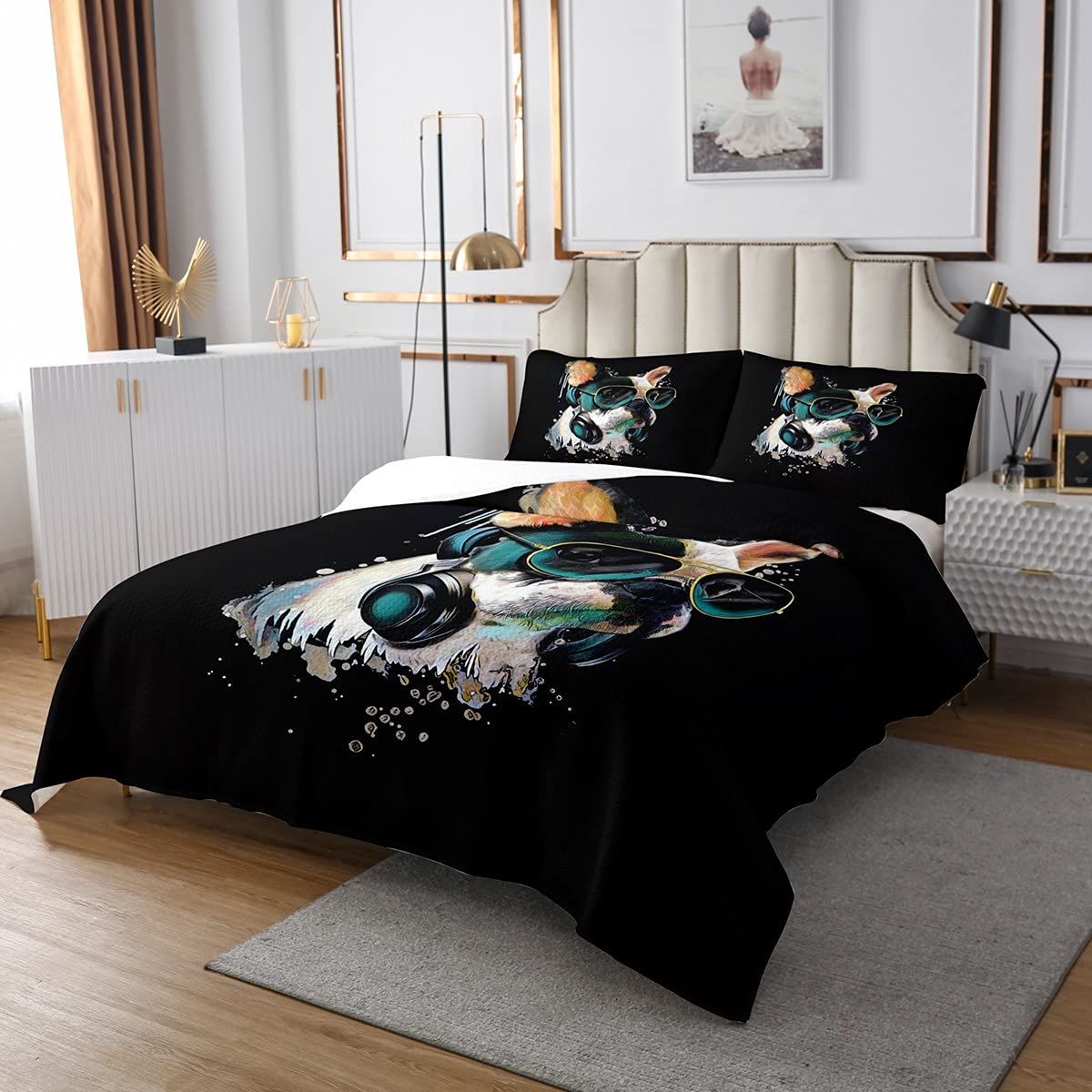 French Bulldog Twin Size Bedspread Set - Cute Puppy Headphone Quilt Cover for Kids & Teens | Dog Lover Bedroom Decor | Perfect for Boys' Room, Nursery, or Pet-Themed Bedroom