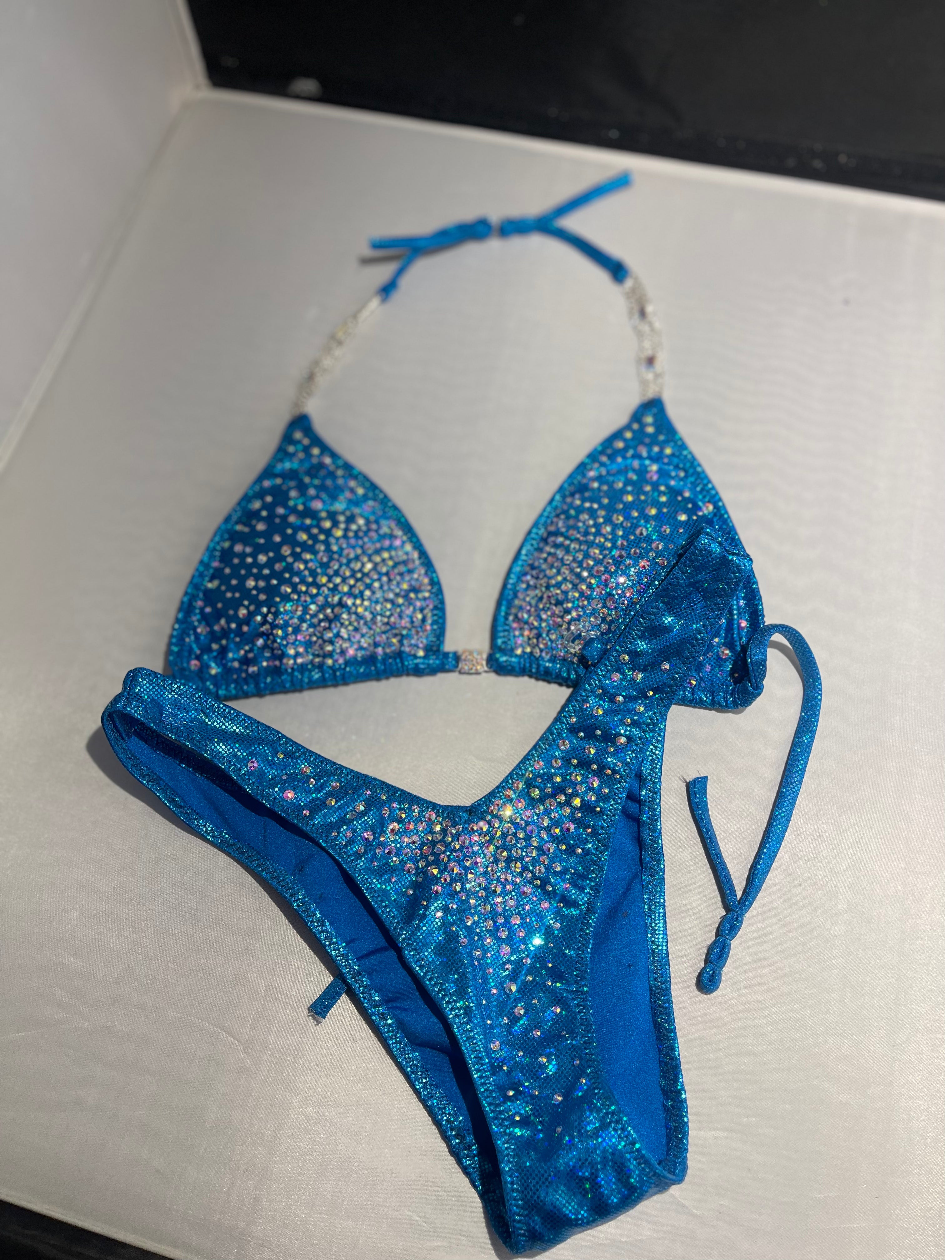 Stunning Turquoise Shattered Glass AB Rhinestone Burst Figure Physique Bodybuilding Posing Suit - Competition, Stage Performance, Fitness Shows