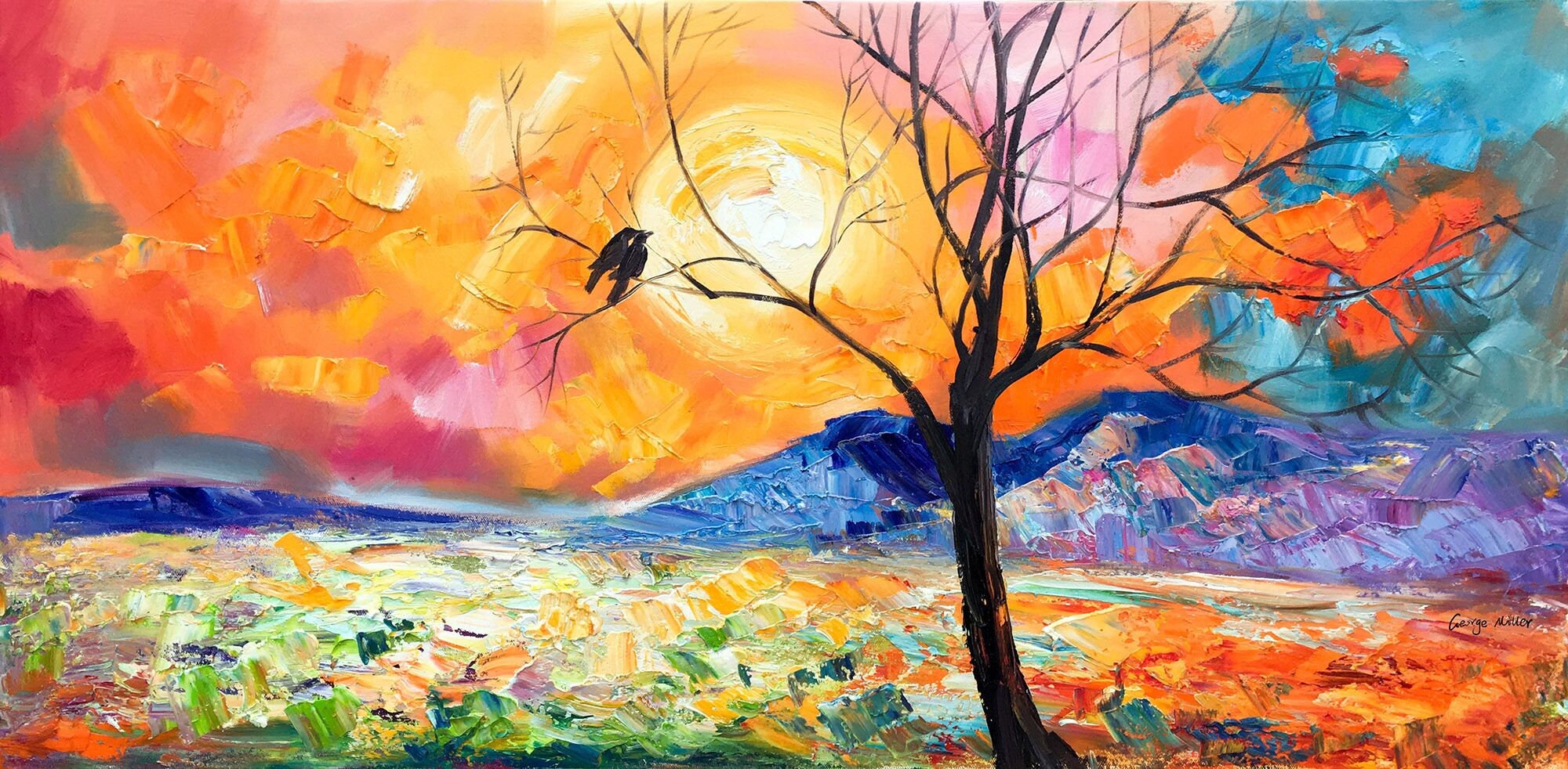 Large Abstract Canvas Art Painting - Contemporary Wall Decor, Original Oil Painting with Love Birds & Tree Art - Perfect for Living Room, Bedroom & Office Decor