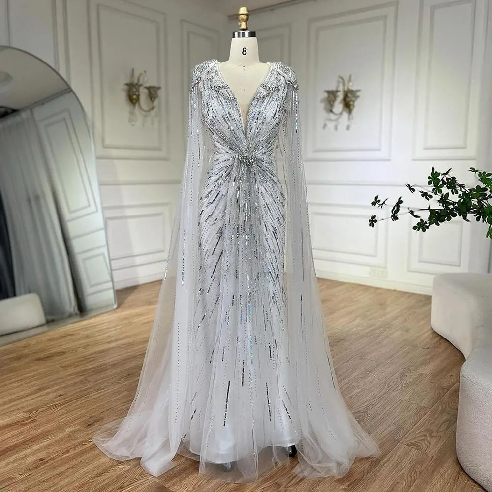 Elegant Turquoise Mermaid Beaded Evening Gown with Detachable Cape - LA72168A | Perfect for Prom, Gala, Wedding & Formal Events
