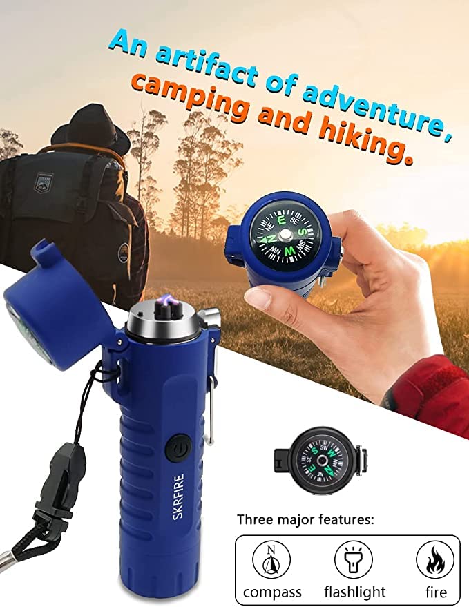 Plasma Windproof Arc Lighter - USB Rechargeable Electric Lighter with Dual Arc, Waterproof & Flameless Design - Perfect for Camping, Hiking, Hunting & Outdoor Survival (3-in-1, Blue) | Great for Lighting Candles, Cigars & Fireplaces in Any Weather Conditions