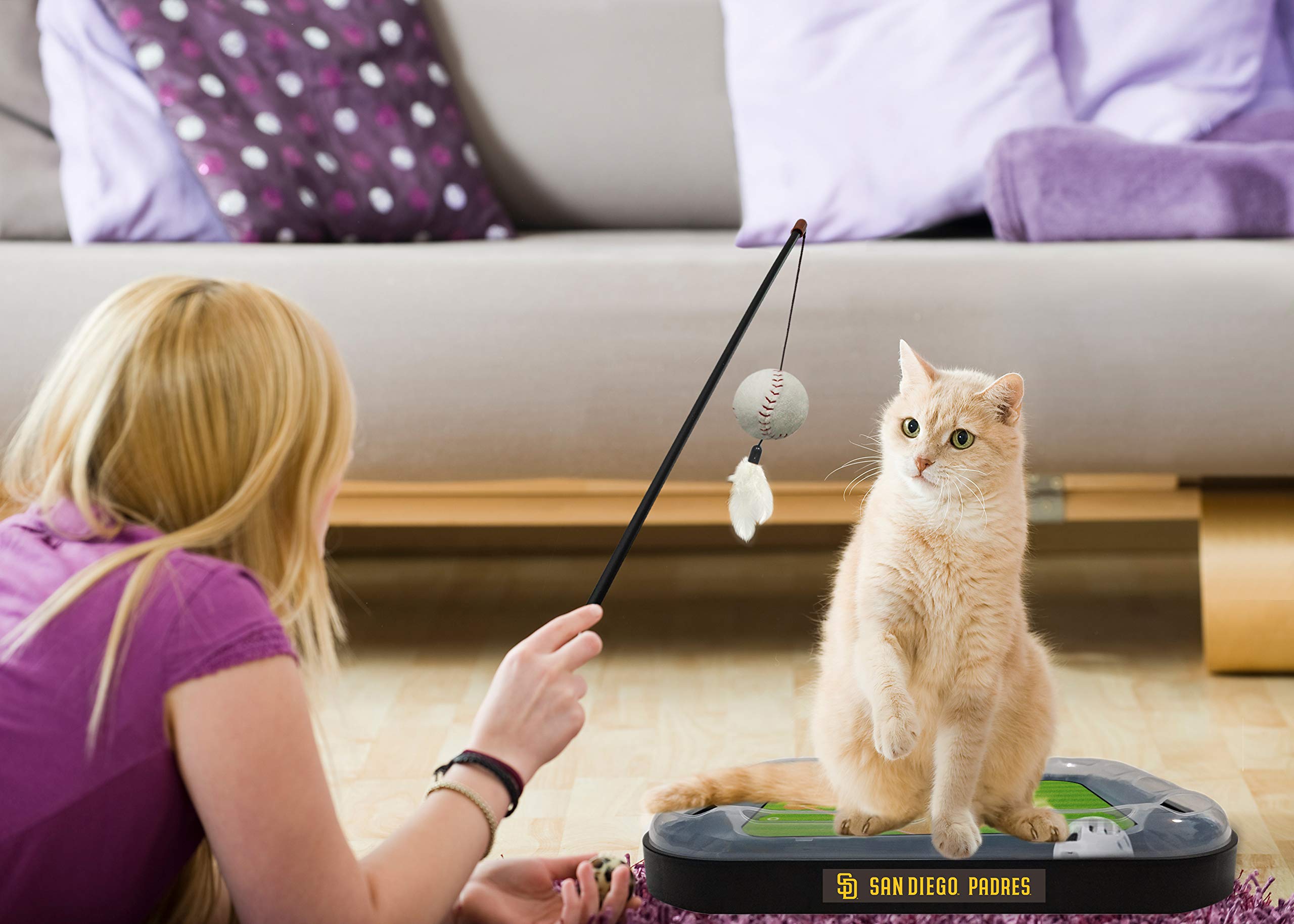 MLB San Diego Padres Baseball Field Cat Scratcher Toy - Interactive Cat Ball Bell & 5-in-1 Cat Toy Set with Wand, Catnip Plush Baseball & Feathers - Perfect for Playtime, Exercise & Indoor Entertainment for Cats