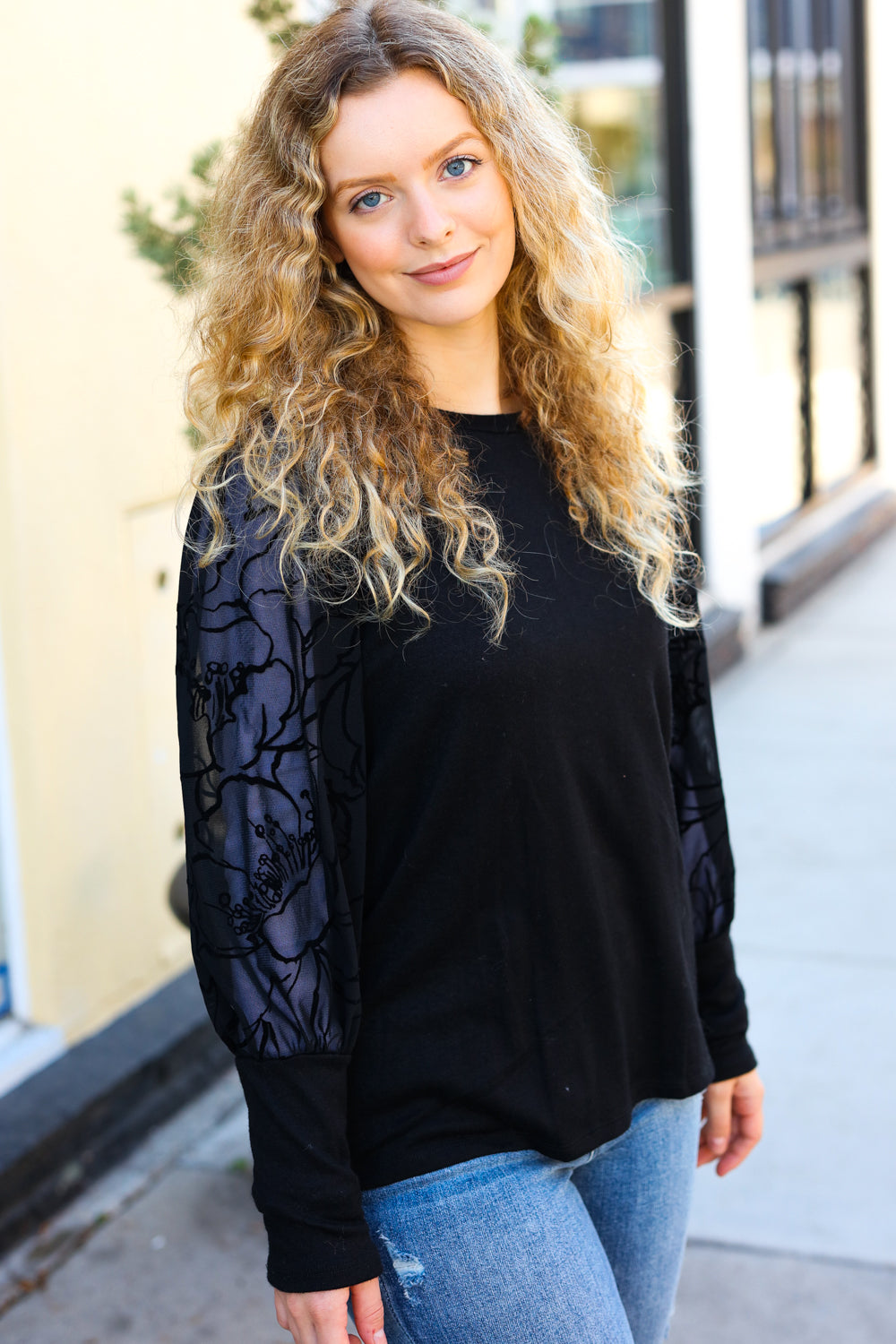 Black Floral Mesh Bubble Sleeve Top for Women - Elegant Blouse for Party, Date Night & Special Occasions