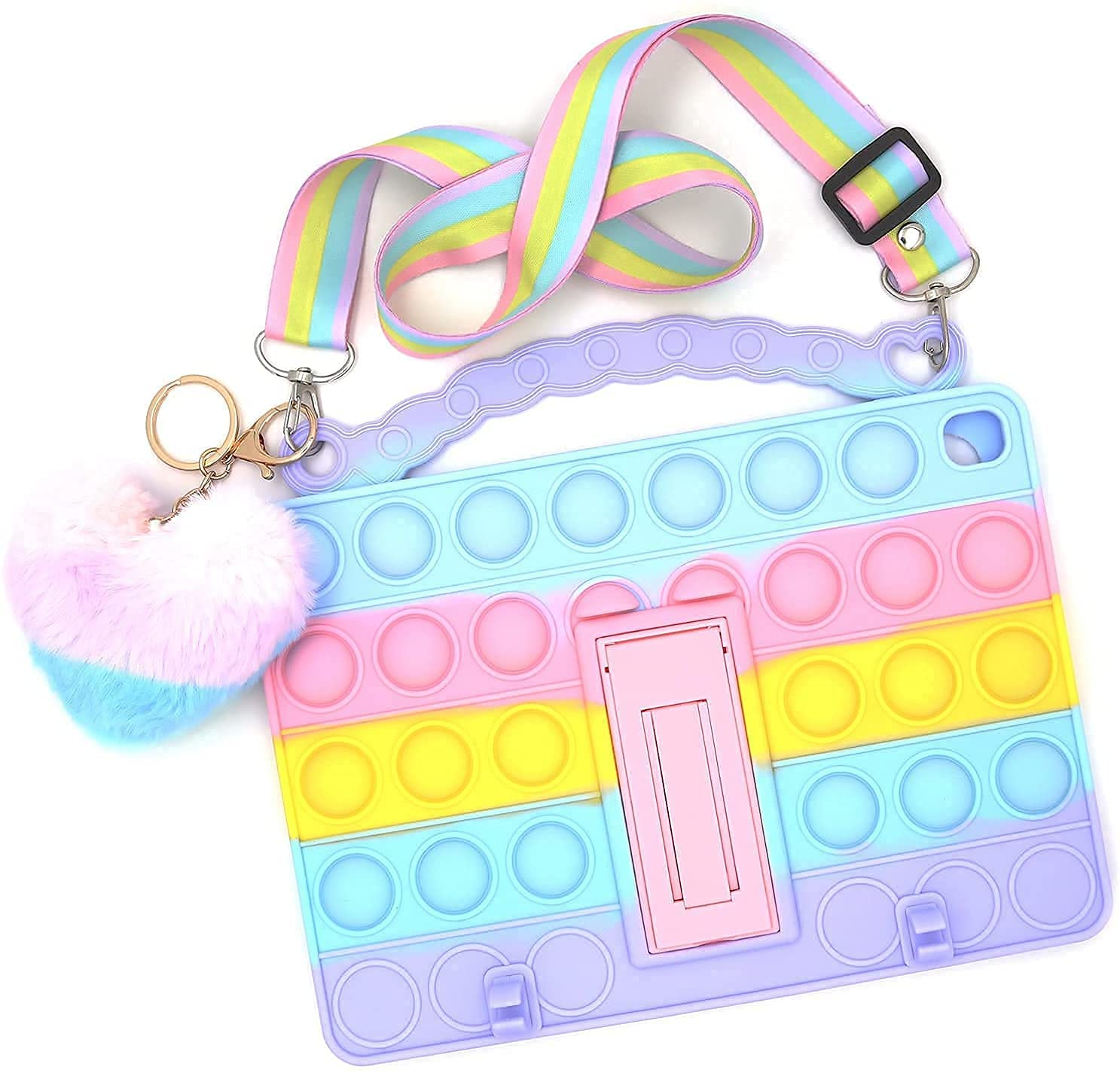 Rainbow Push Pop Bubble Silicone Case for iPad 2/3/4 - Anti-Stress Shockproof Cover with Lanyard, Kickstand, Pendant & Pencil Holder - Perfect for Stress Relief, Office, School & Travel Use