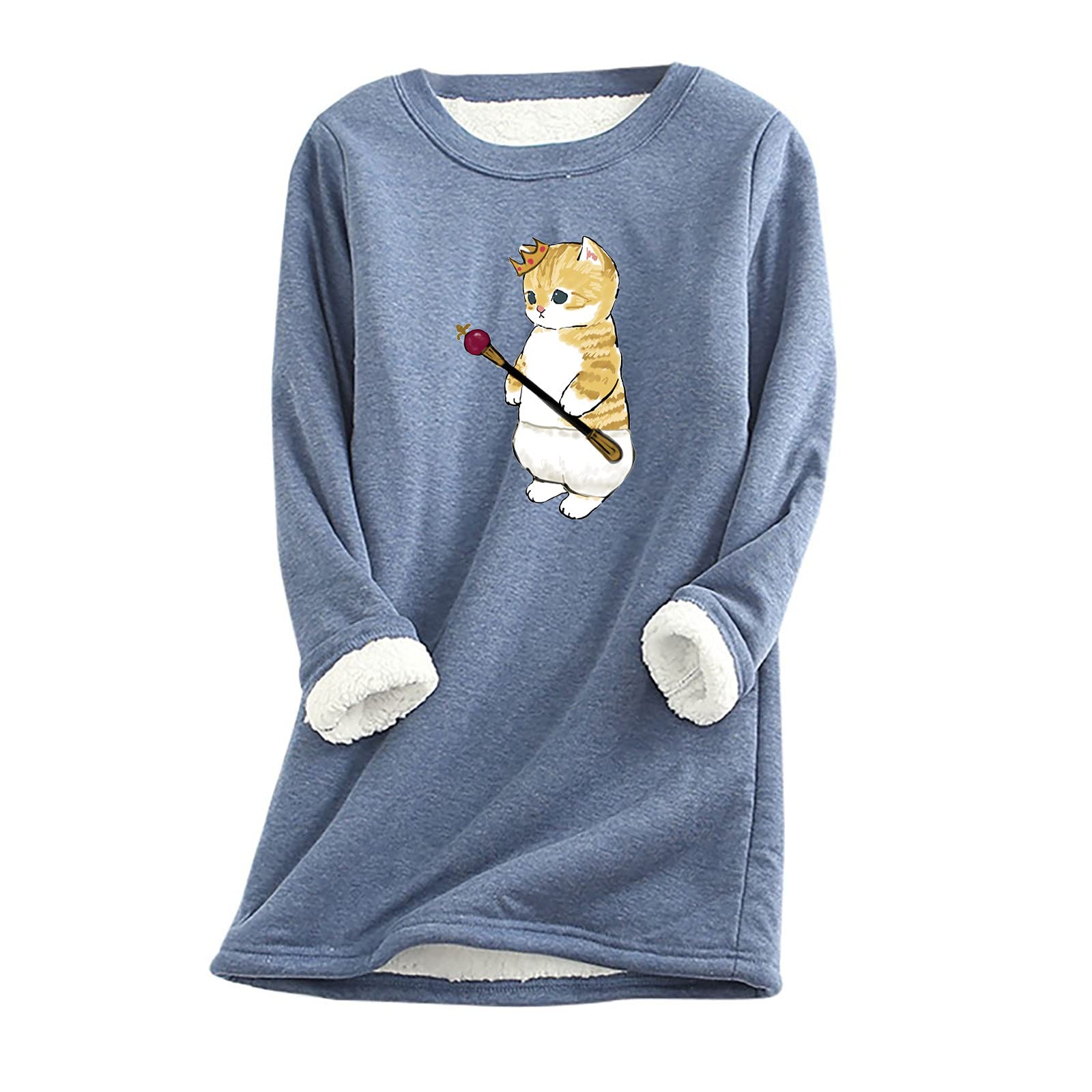 Women's Long Sleeve Casual T-Shirt Dress with Cute Cat Print - Crew Neck Loungewear Nightgown - Cozy Fleece Sleepwear for Fall & Winter - Perfect for Home Relaxation, Sleepovers and Lounge Wear