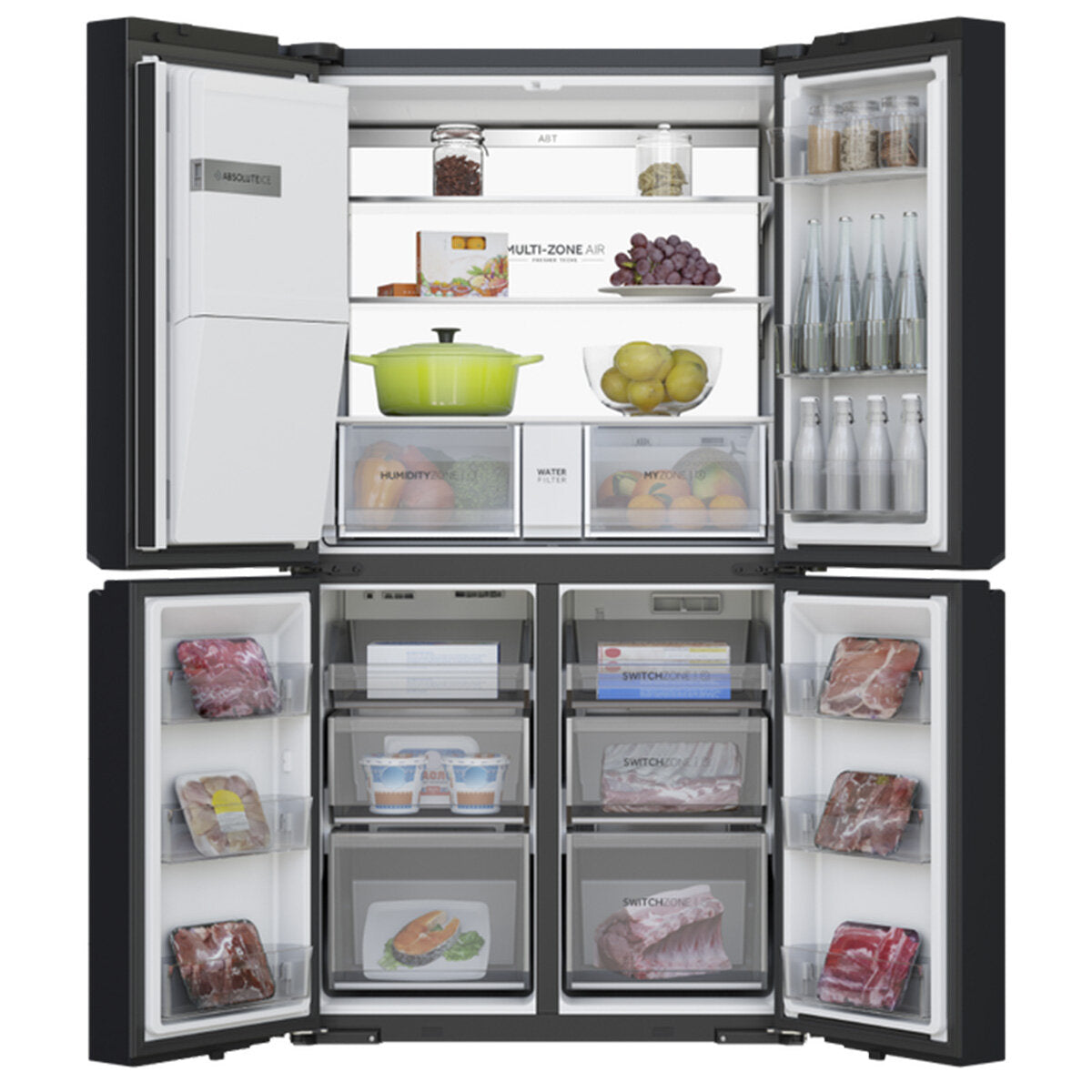 Haier 601L Quad Door Refrigerator with Ice and Water Dispenser - Black Stainless Steel HRF680YZC | Large Capacity French Door Fridge for Family Kitchen, Entertaining & Bulk Grocery Storage