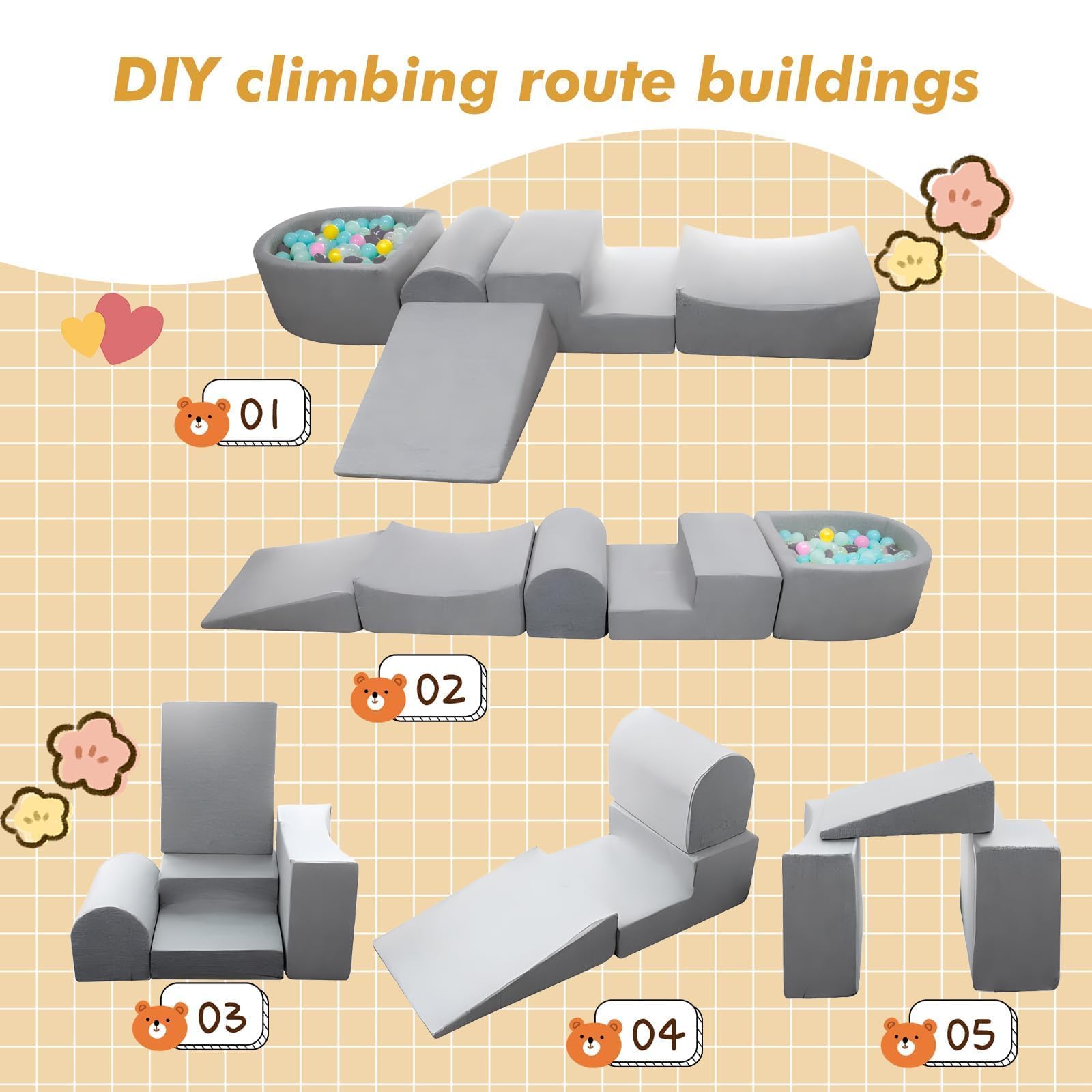 **Hoopyosms Foam Climbing Blocks for Toddlers – Soft Play Gym Set with 4 Blocks & Ball Pit (Balls Included) – Indoor Crawling, Sliding & Play for Kids – Perfect for Playrooms, Daycares & Safe Toddler Activities**