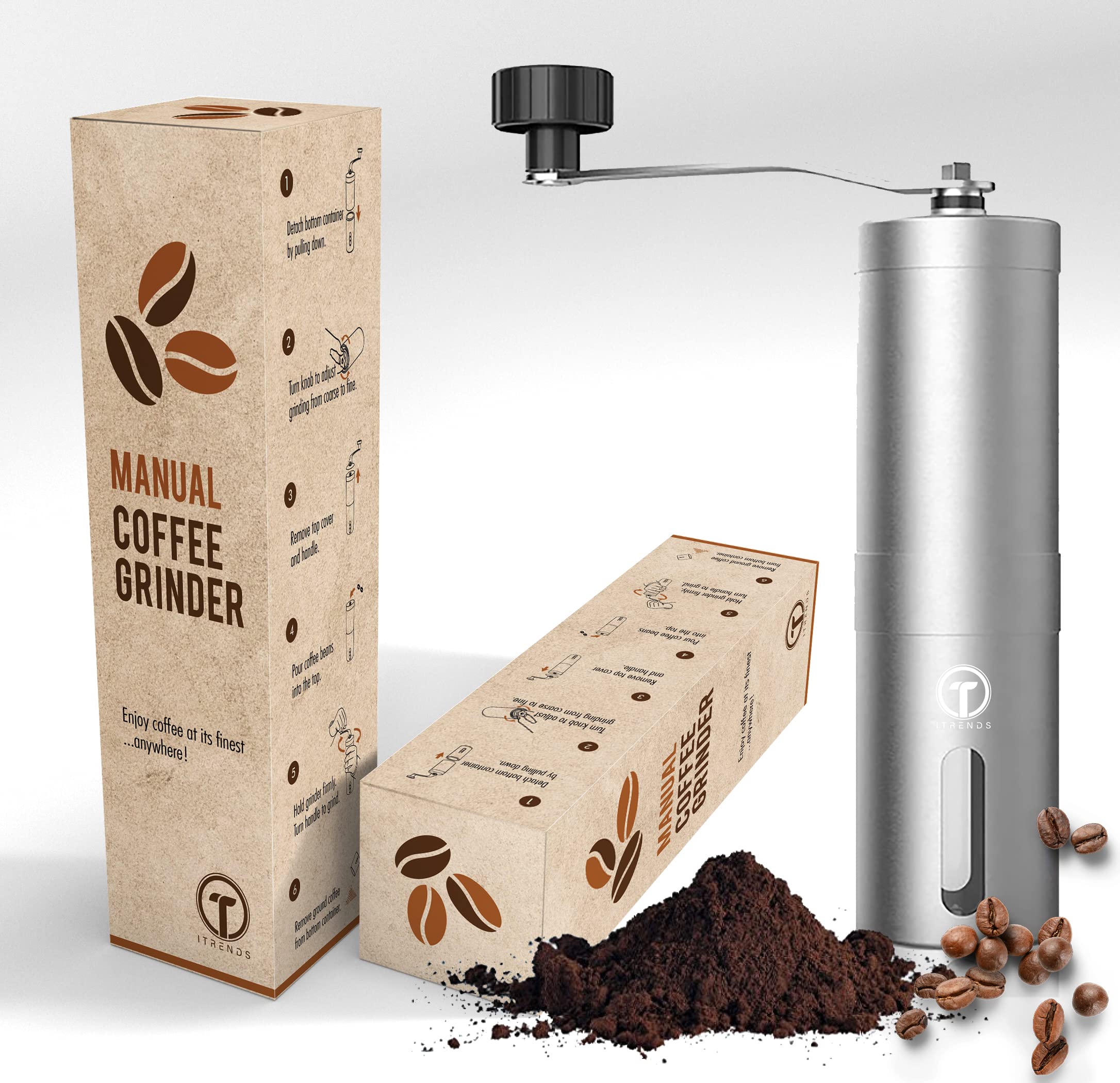 iTrends Stainless Steel Manual Coffee Grinder - Adjustable Burr Mill for Espresso, French Press & Cold Brew | Portable Hand Crank Coffee Bean Grinder with Ceramic Conical Burrs | Perfect Gift for Coffee Lovers | Home, Office & Camping Use