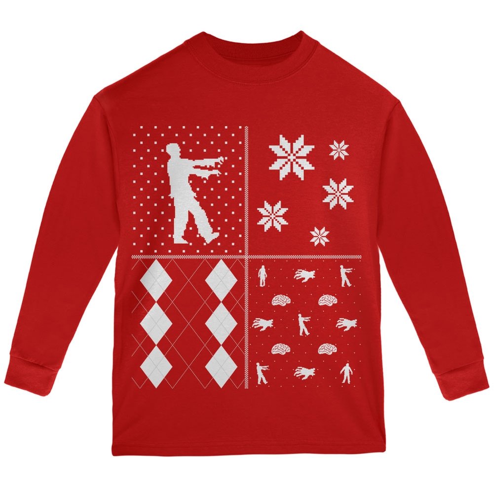 Zombie Festive Ugly Christmas Sweater - Red Long Sleeve T-Shirt for Youth | Holiday Party, Cosplay & Funny Gift