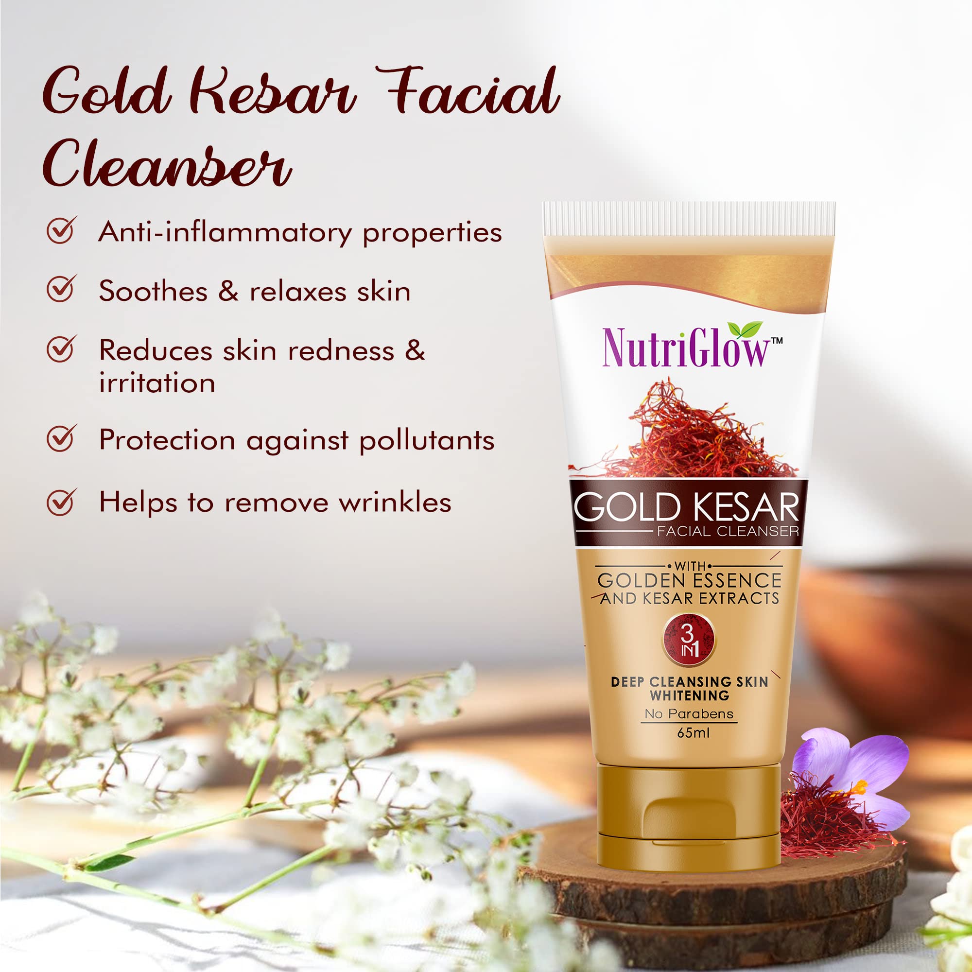 NutriGlow NATURAL'S Advanced Pro Formula Gold Kesar Facial Kit - 60gm Aloe Vera Face Gel, 100gm Gold Kesar Face Wash (65ml) - Tightens Pores, Reduces Wrinkles - 3-Piece Skincare Set for Glowing Skin - Perfect for Daily Cleansing & Anti-Aging Routine