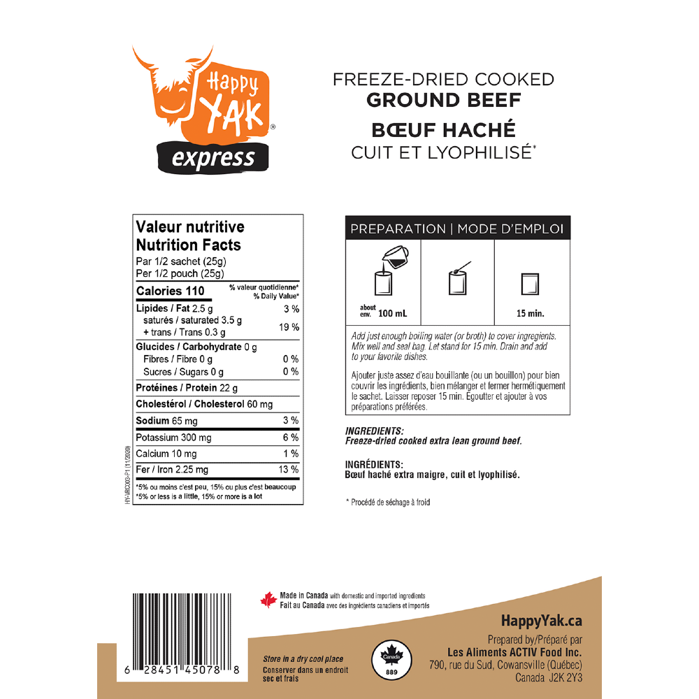 Premium Freeze Dried Cooked Ground Beef by Happy Yak - High Protein, Long Shelf Life for Camping, Hiking & Emergency Food Storage
